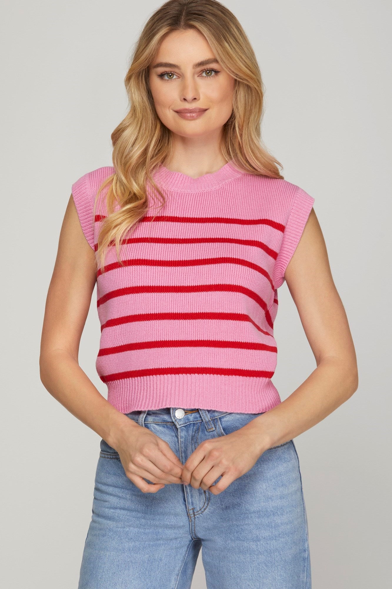 Sleeveless Pink/Red Striped Sweater