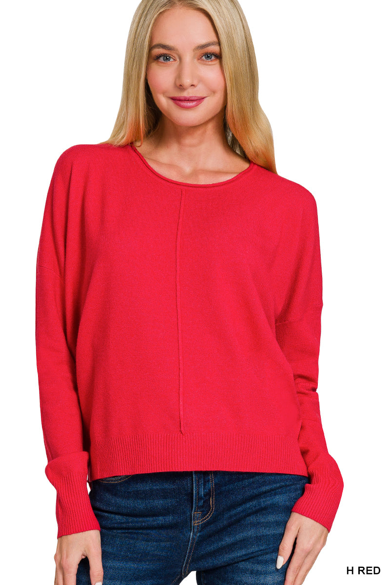 Front Seam Round Neck Sweater Red