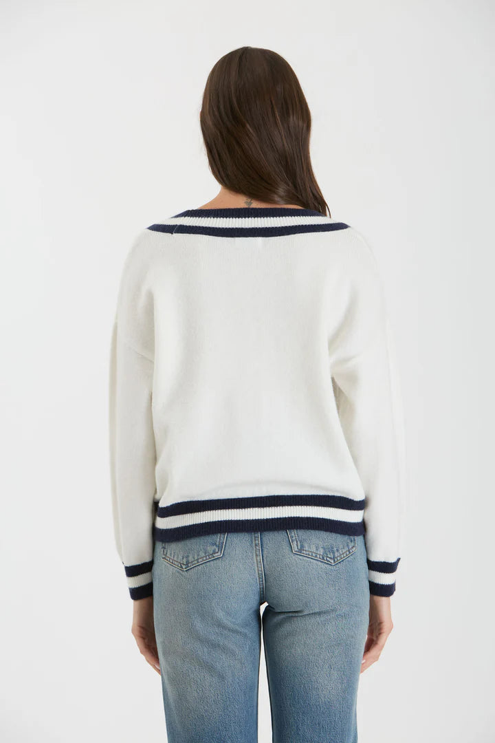 V-Neck Long Sleeve Sweater w/Contrast Stripes