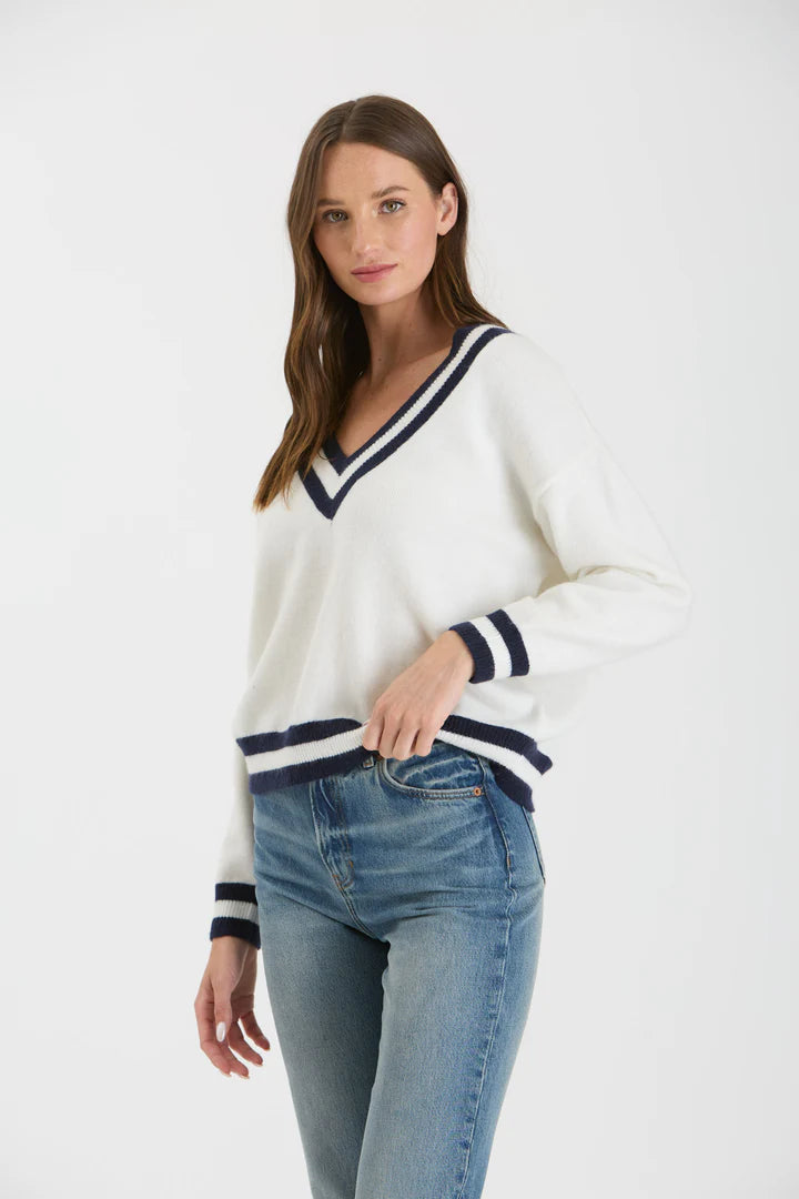 V-Neck Long Sleeve Sweater w/Contrast Stripes