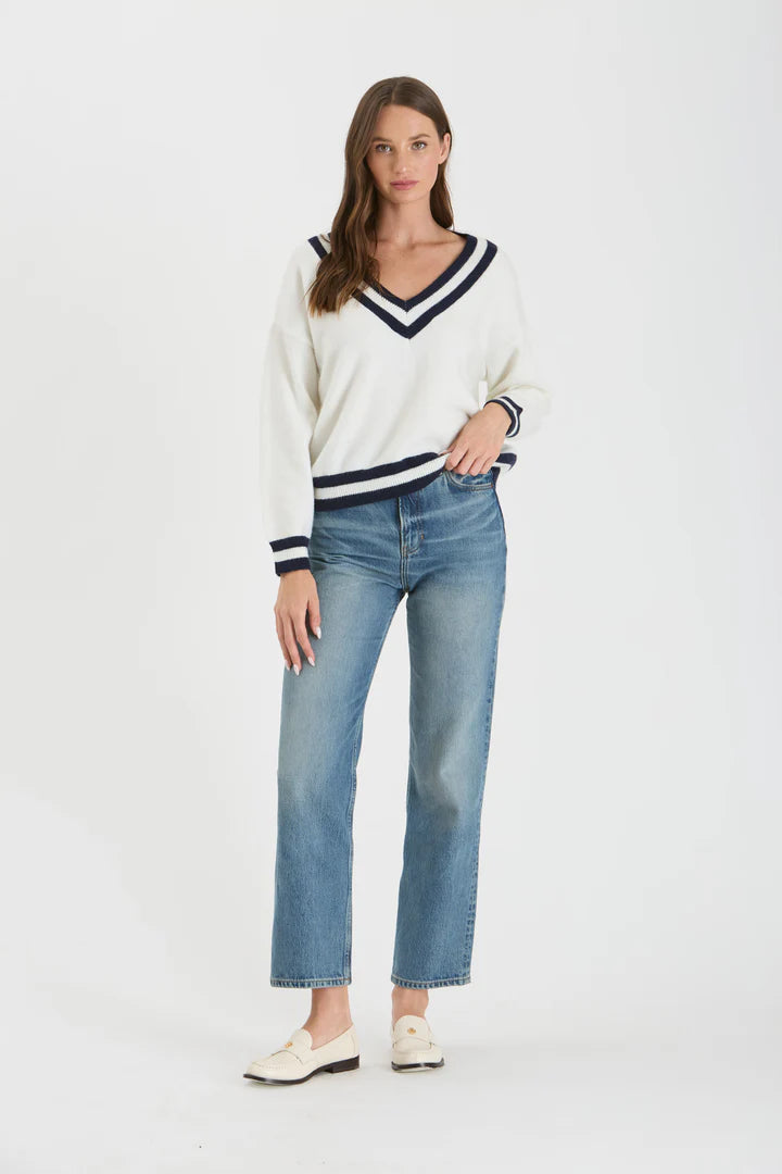 V-Neck Long Sleeve Sweater w/Contrast Stripes