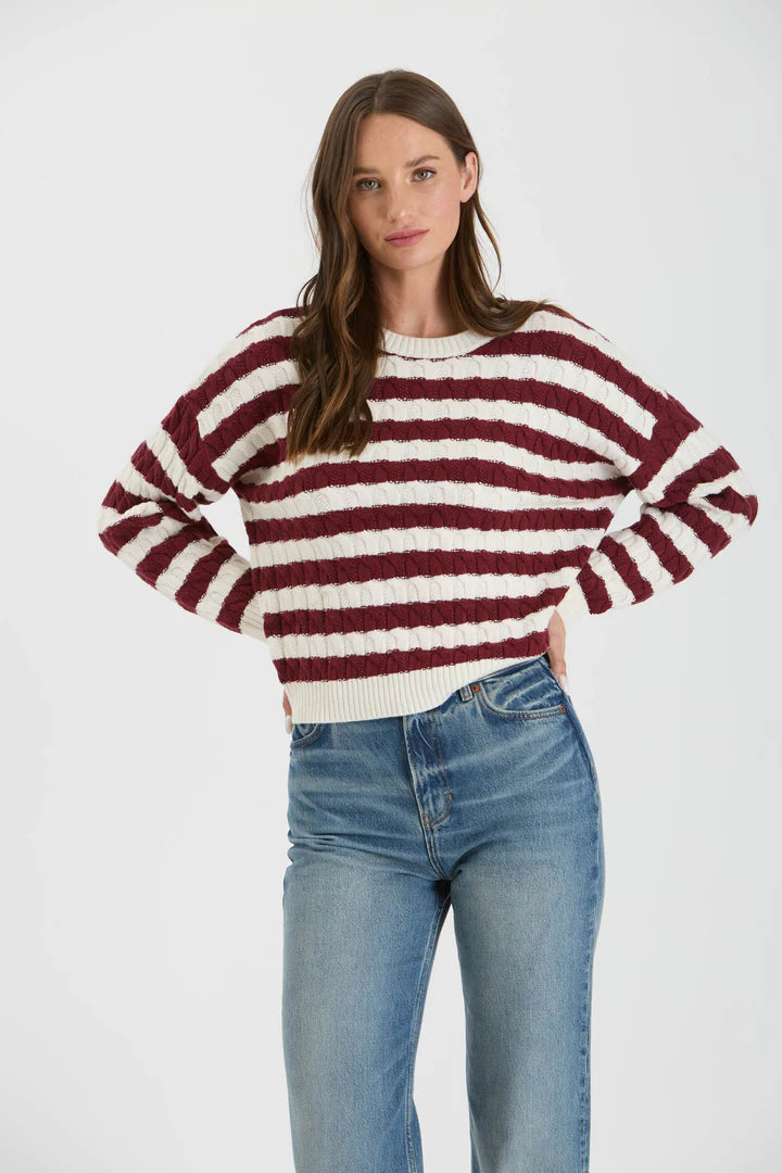 Stripe Crew Neck Cable Knit Sweater