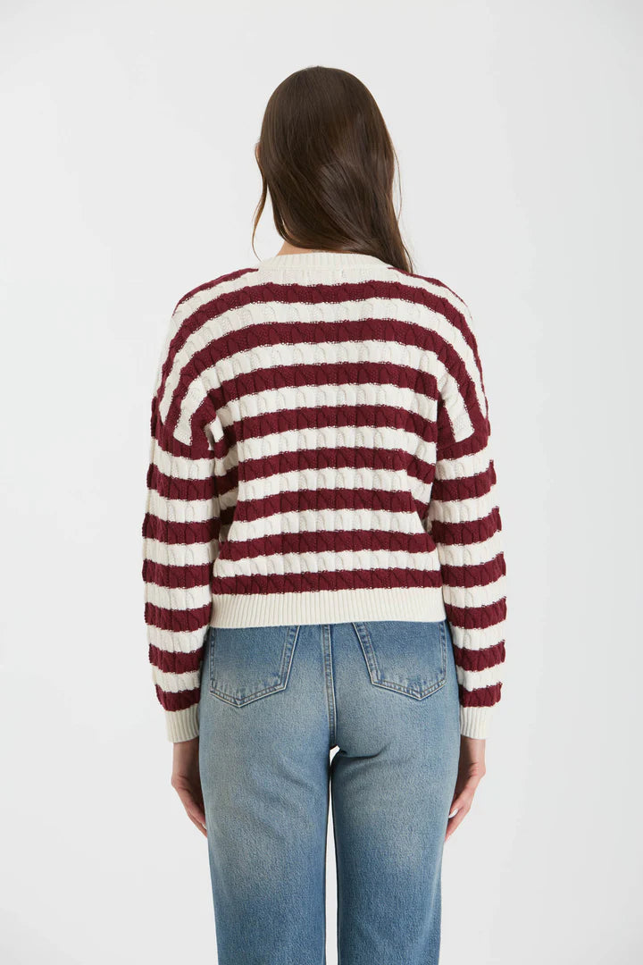 Stripe Crew Neck Cable Knit Sweater