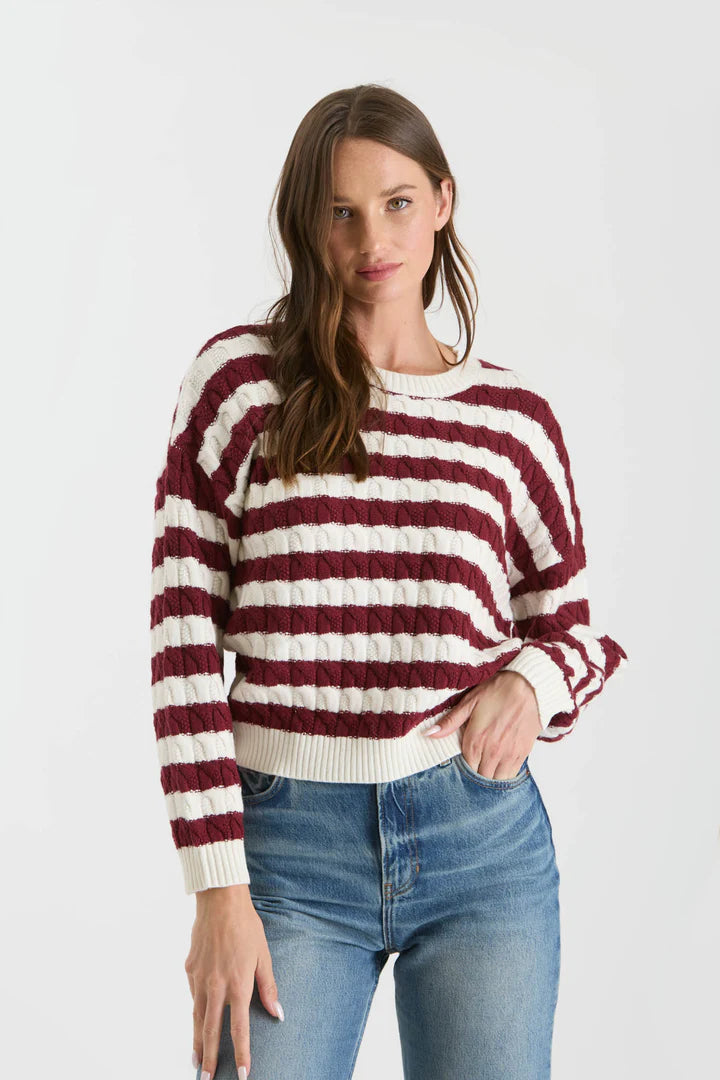 Stripe Crew Neck Cable Knit Sweater