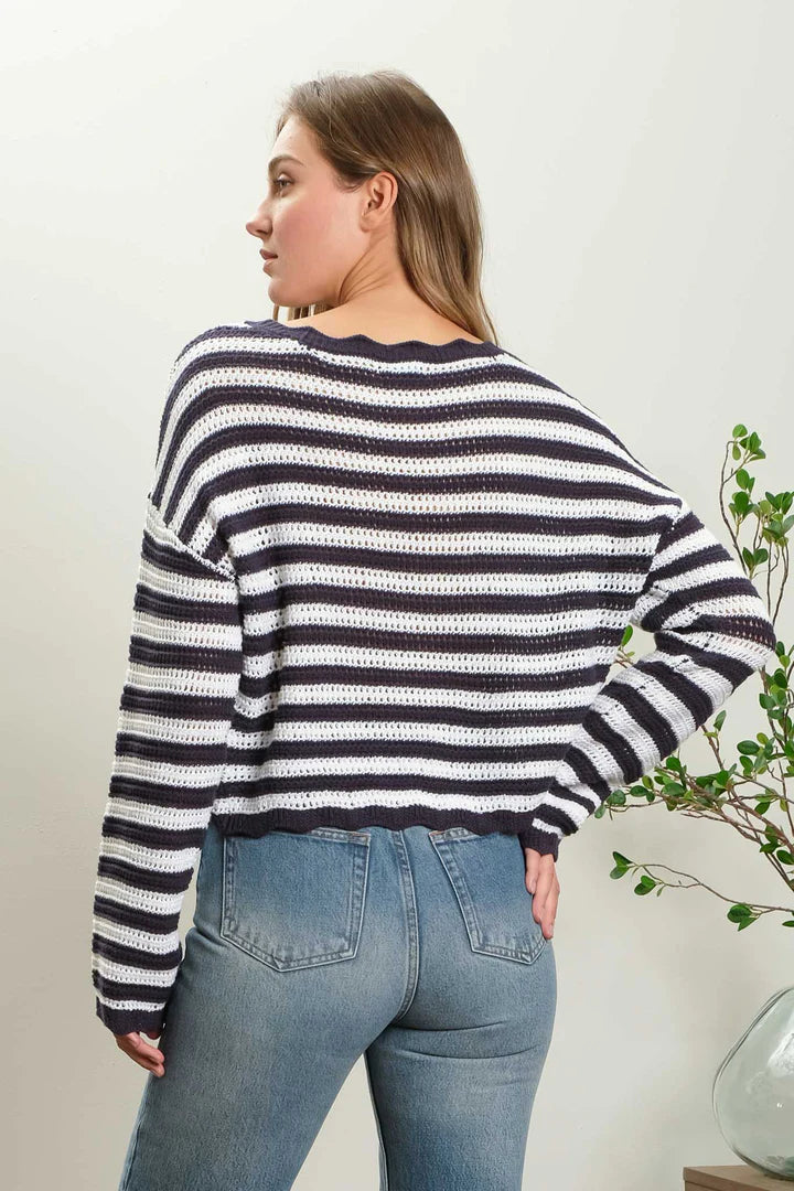 Stripe Scallop Trim Long Sweater Top