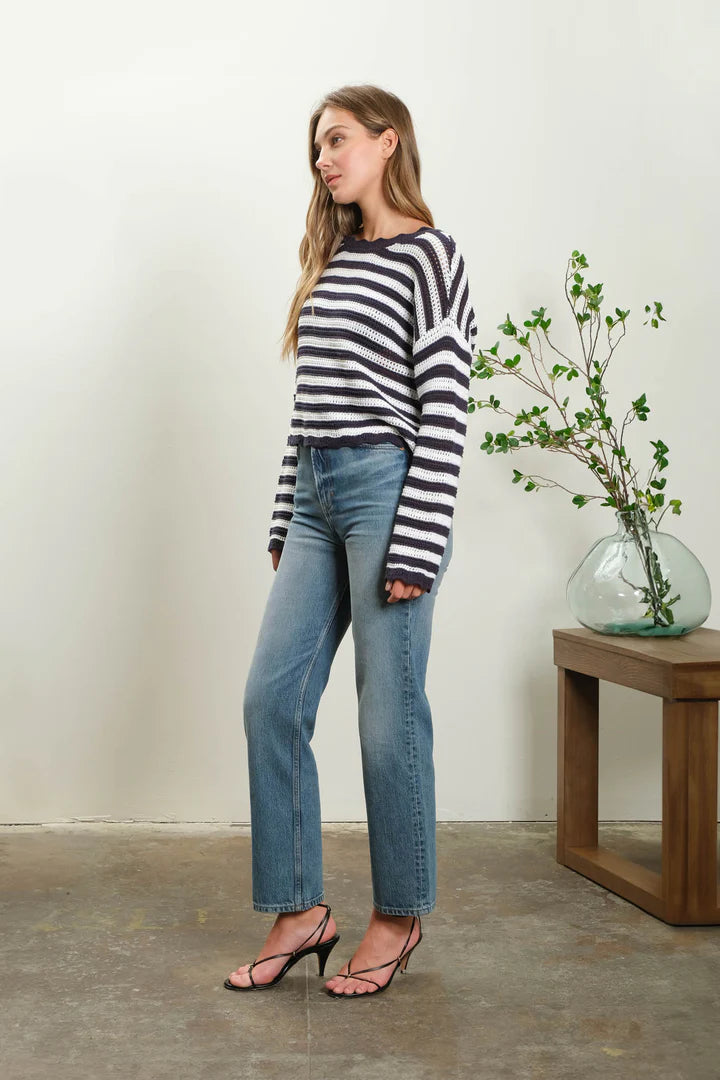 Stripe Scallop Trim Long Sweater Top