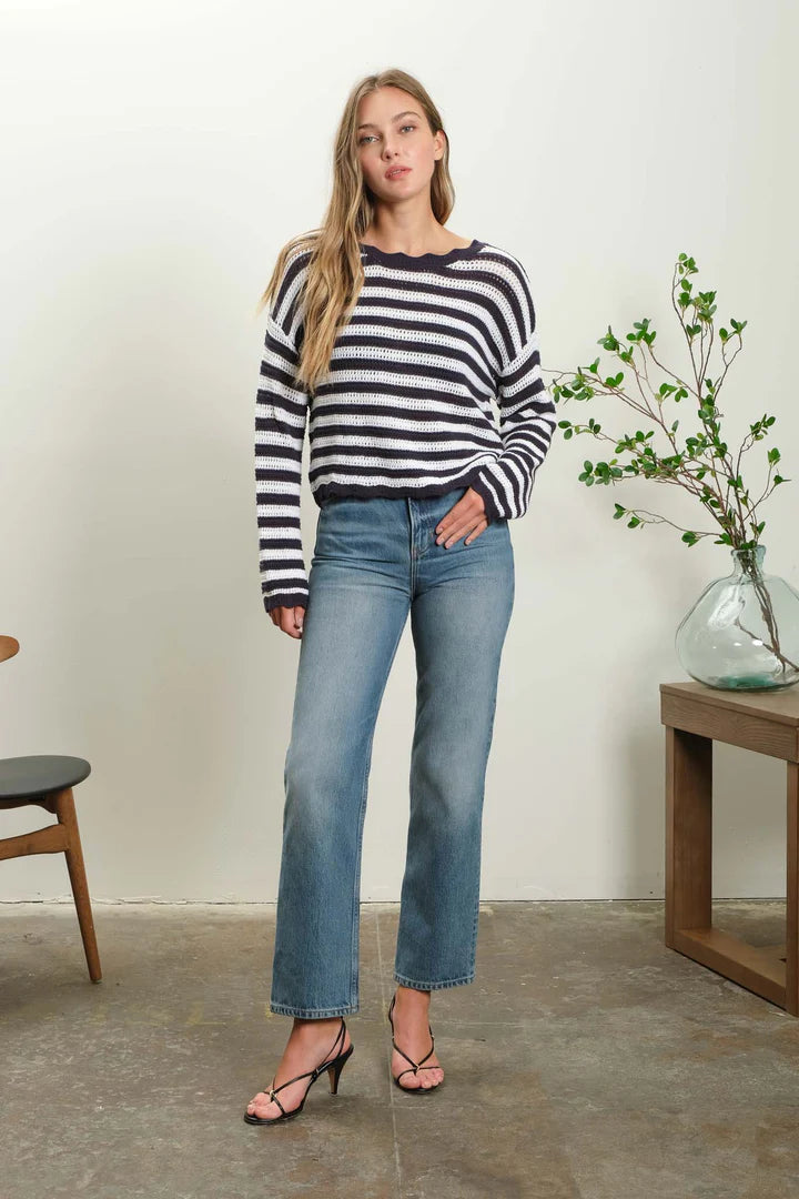 Stripe Scallop Trim Long Sweater Top