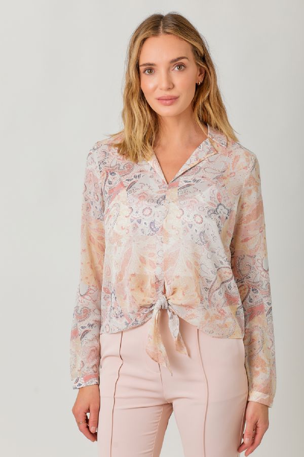 Sale Tie Front Printed Blouse