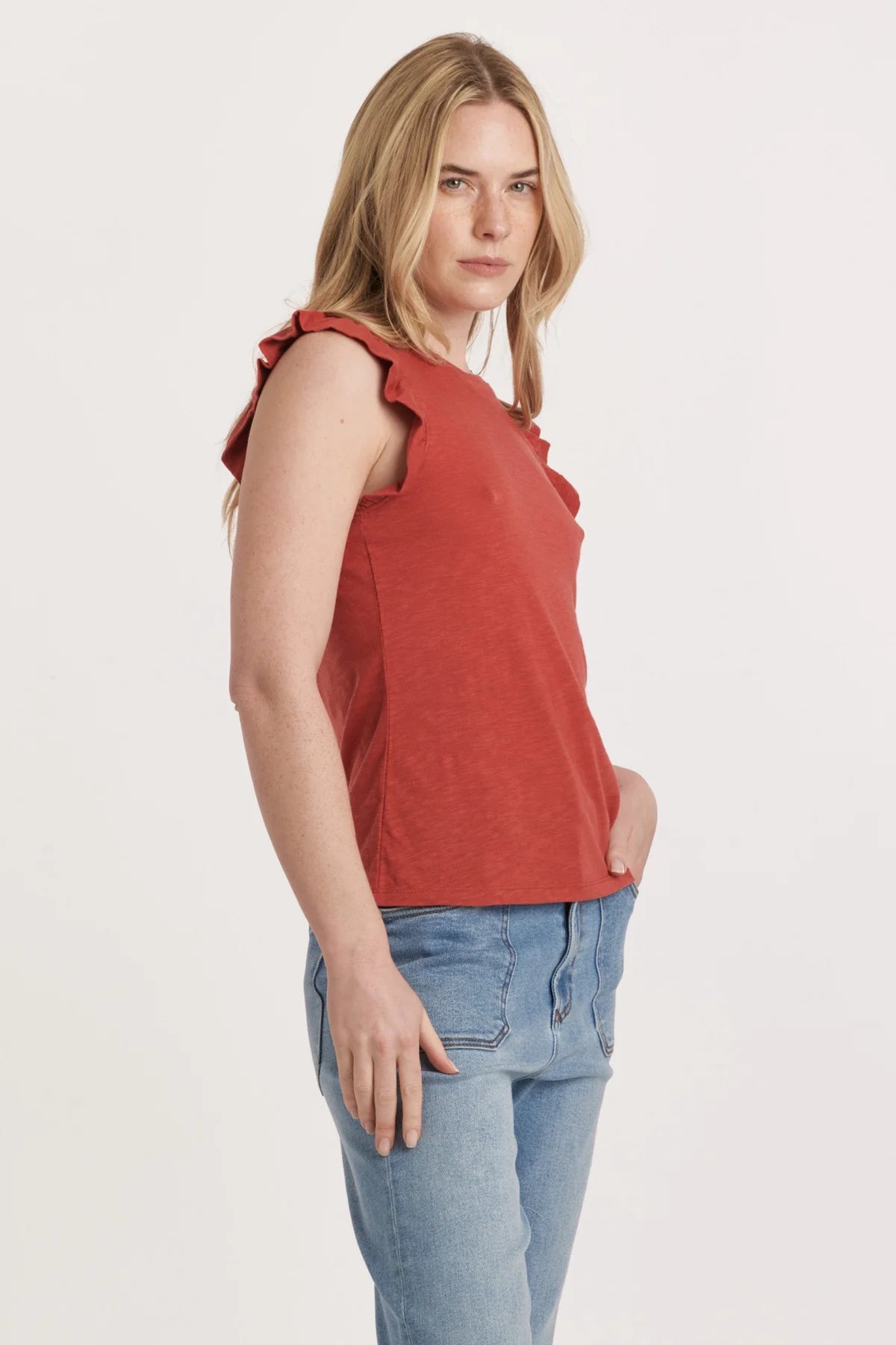 North Ruffle Trimmed Top Pomegranate