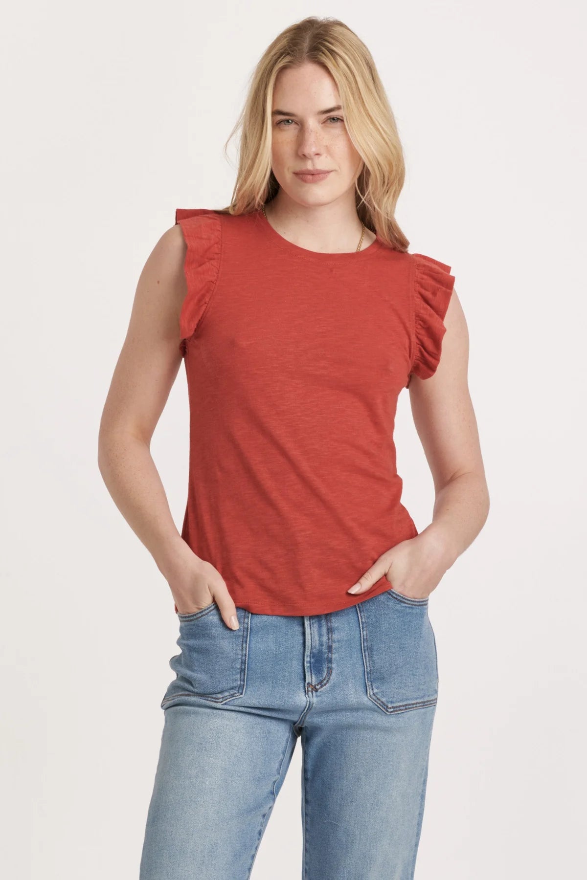 North Ruffle Trimmed Top Pomegranate