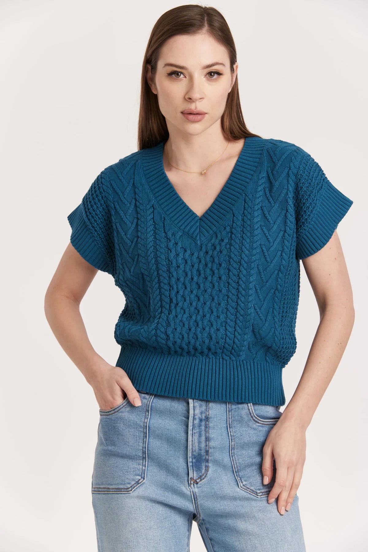 Scout Cable Knit Short Sleeve Sweater Empress Teal