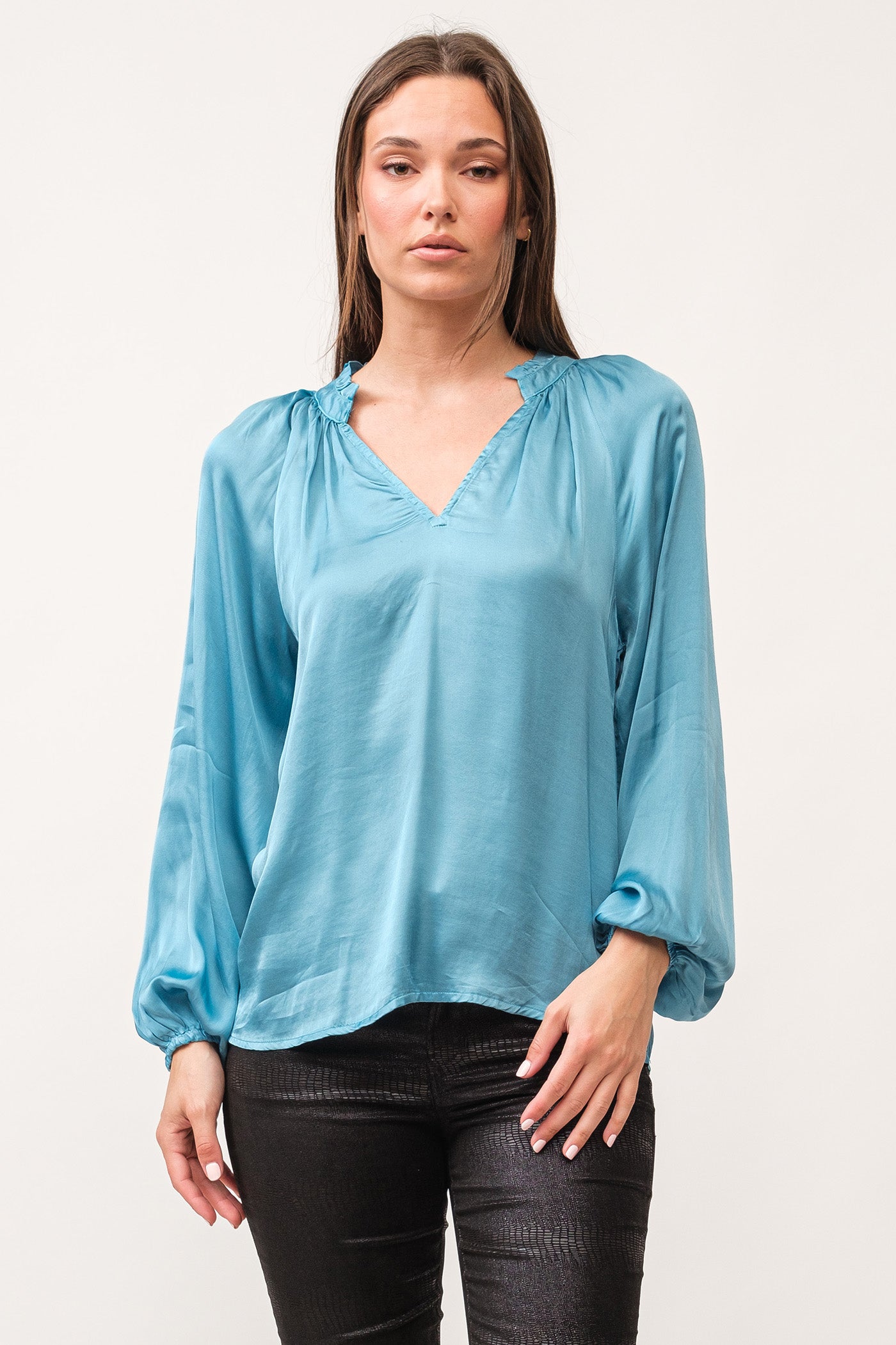 Manon V- Neck Long Sleeve Blouse Blue Shadow