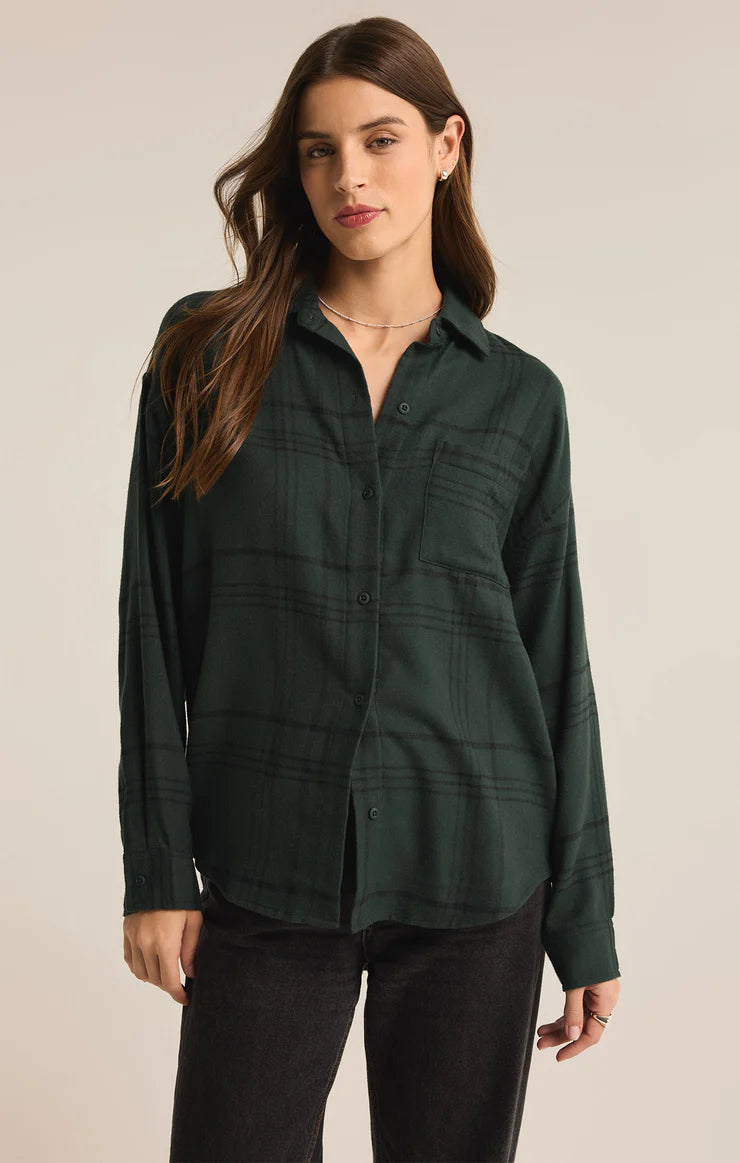 River Plaid Button Up Cypress Green