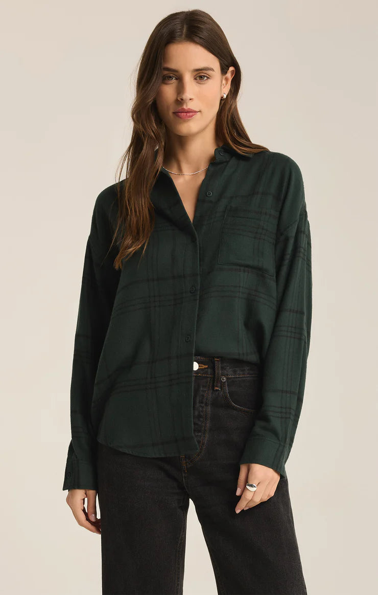 River Plaid Button Up Cypress Green