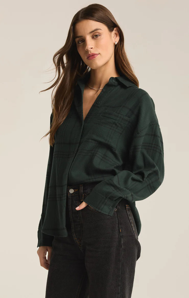 River Plaid Button Up Cypress Green