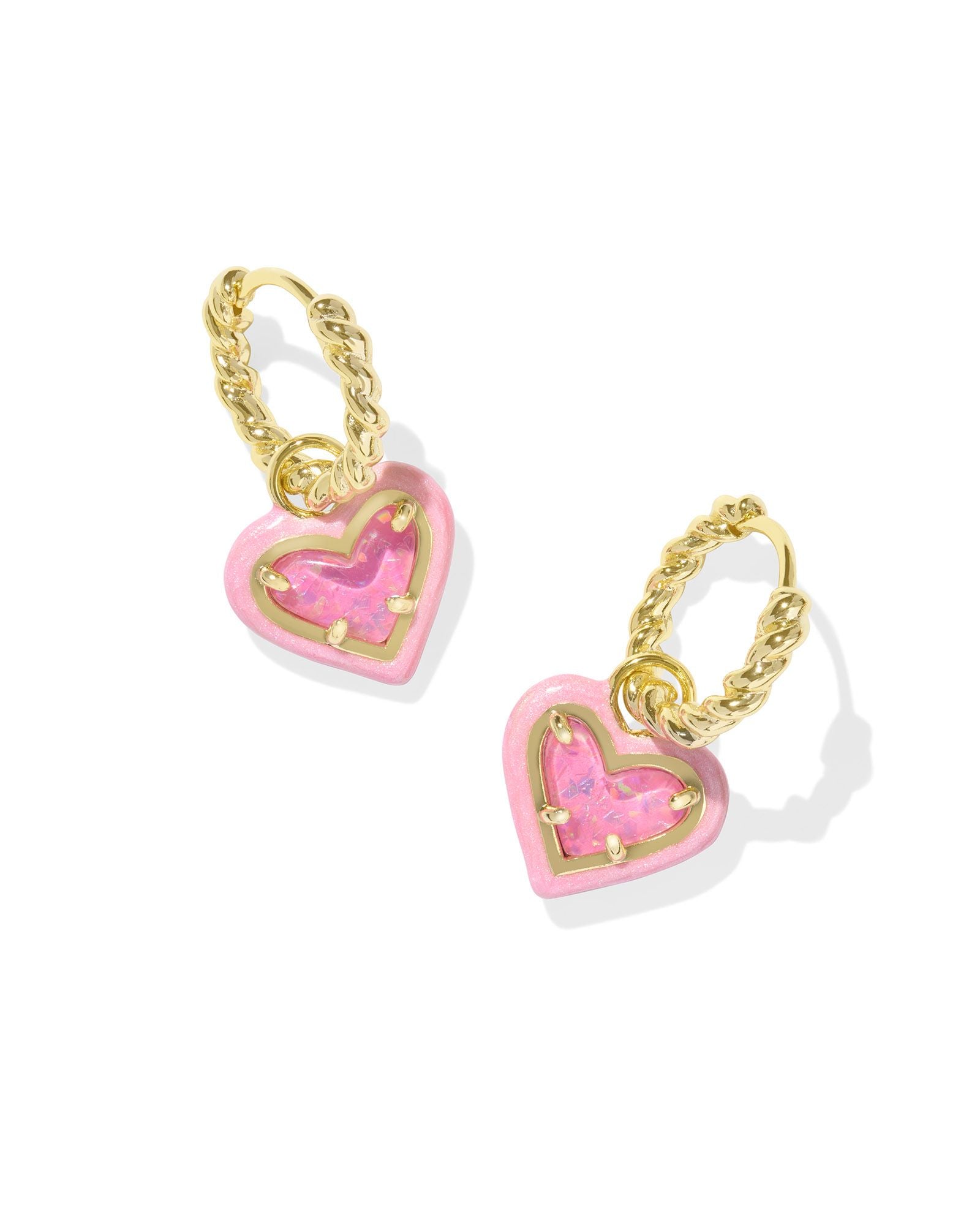 Ari Heart Gold Enamel Frame Huggie Earrings Pink Iridescent Glitter Glass