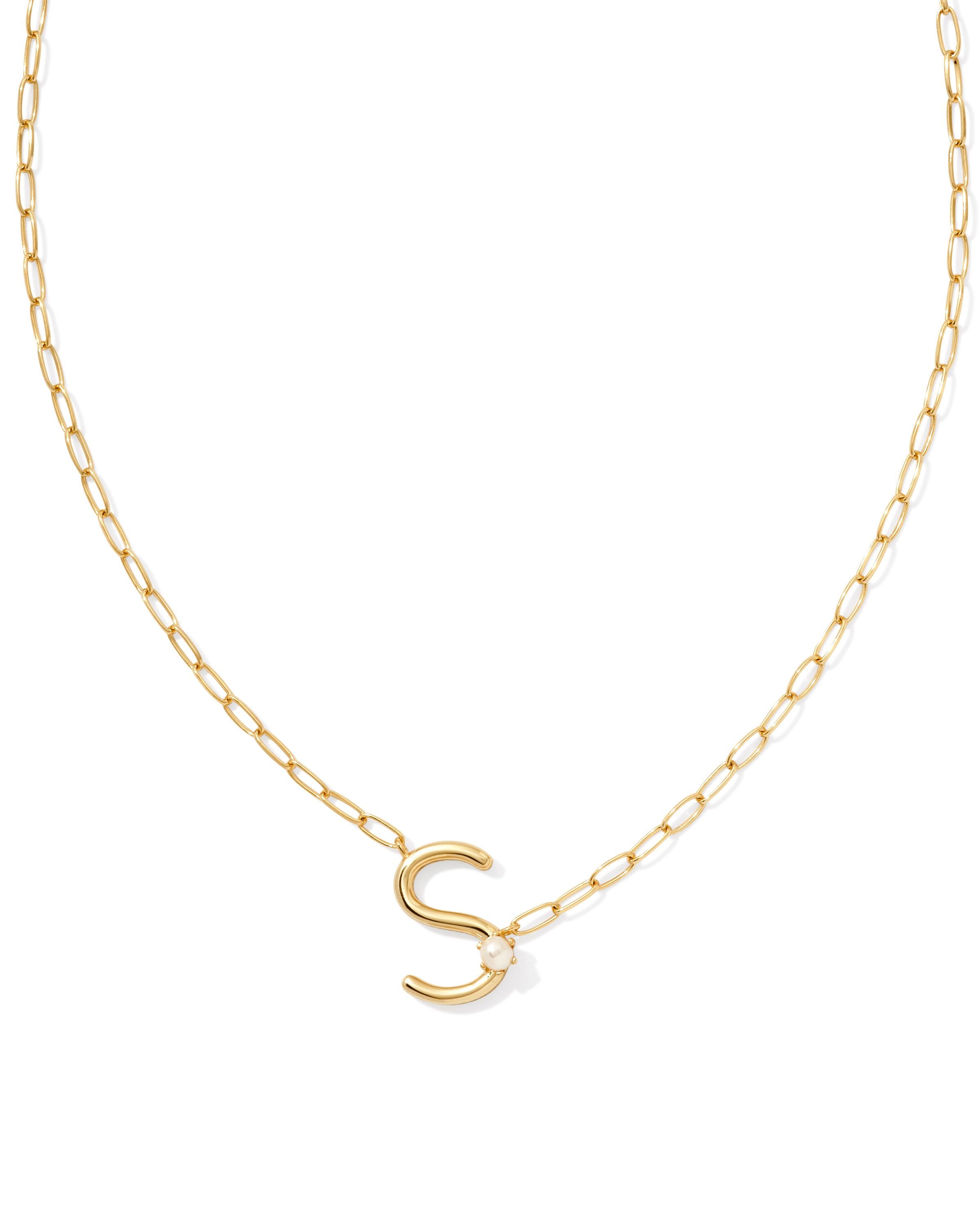 Pearl Letter S Pendant Necklace Gold White Pearl