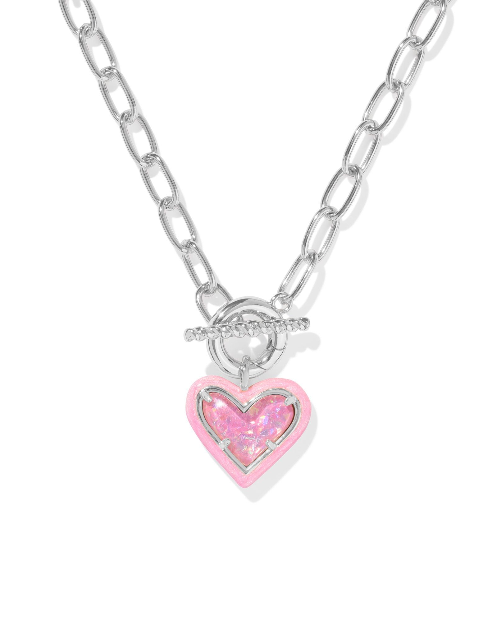 Ari Heart Silver Enamel Frame Link and Chain Necklace Pink Iridescent Glitter Glass