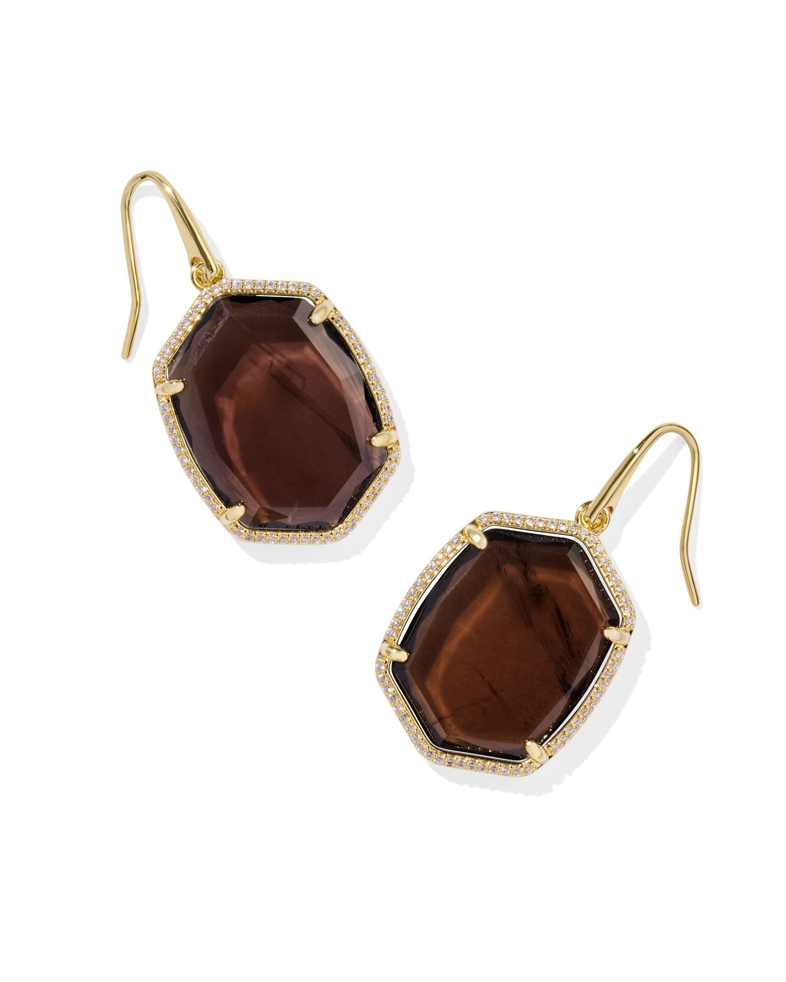 Daphne Gold Pave Frame Drop Earrings Smoky Quartz