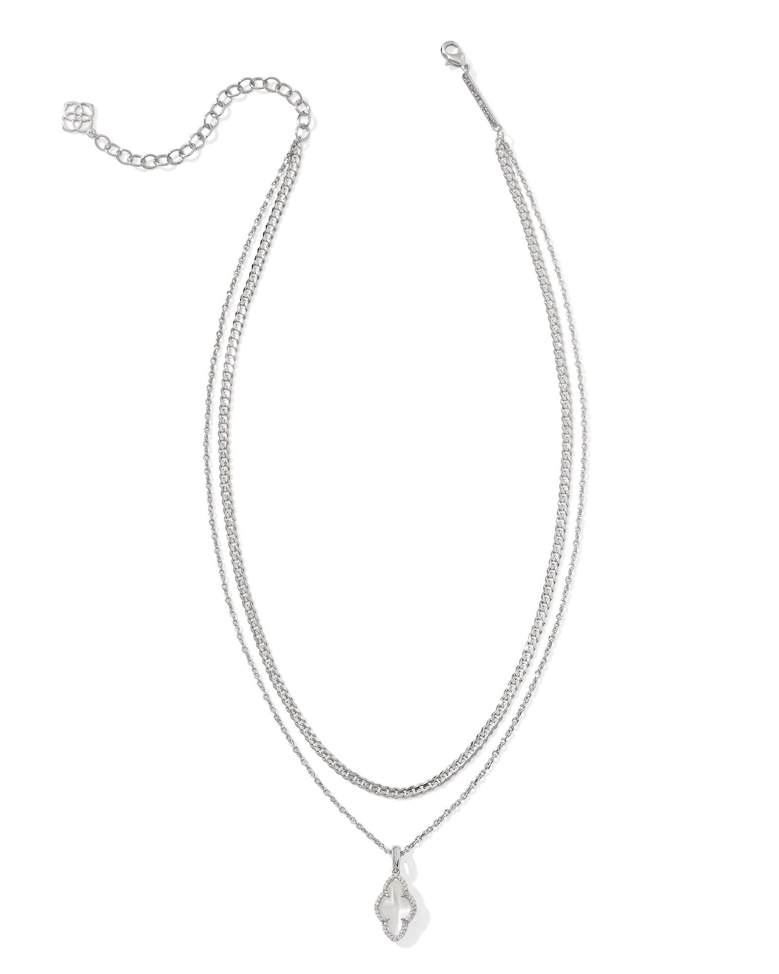 Abbie Silver Pave Frame Multi Strand Necklace Ivory MOP