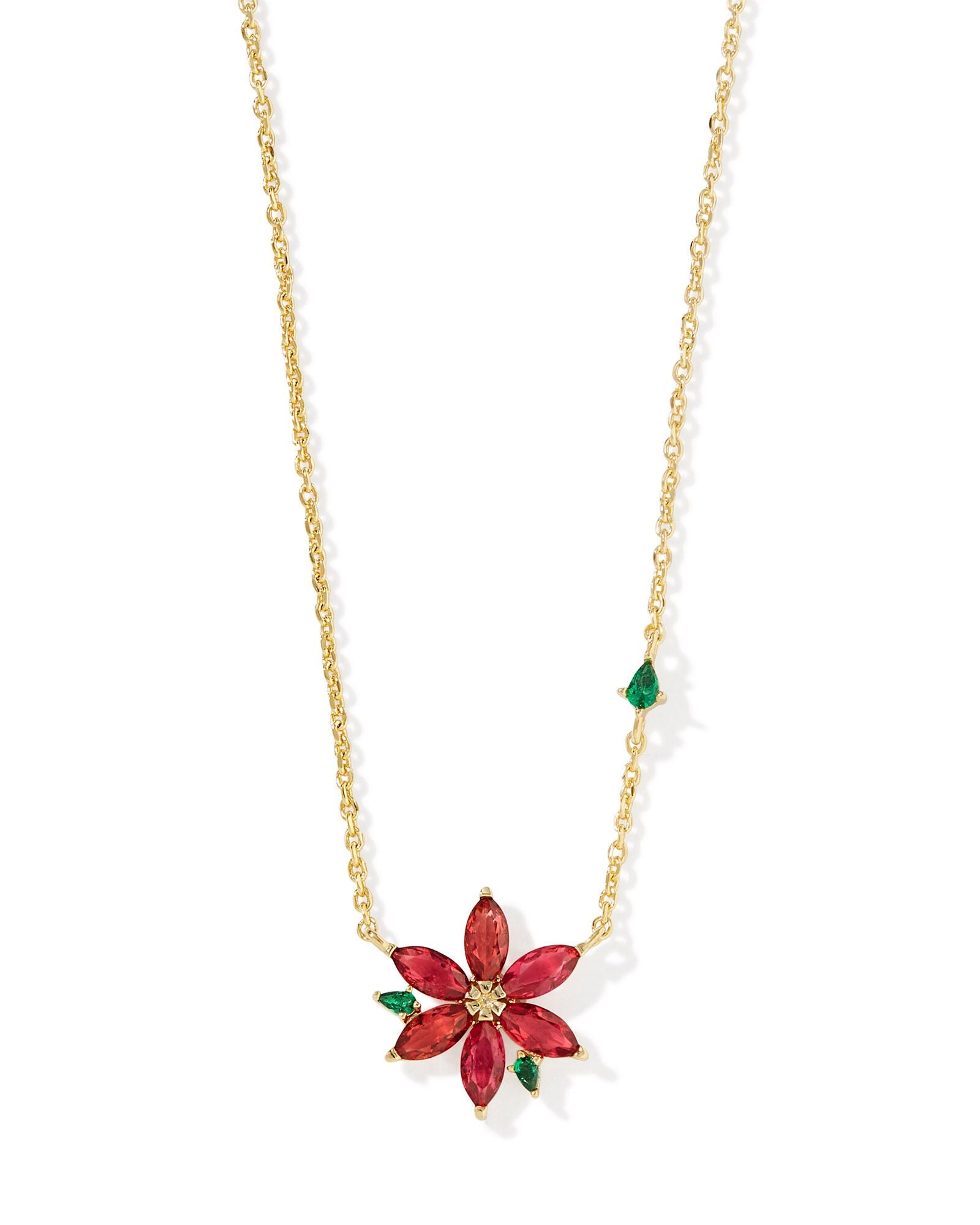 Poinsettia Gold Short Pendant Necklace Red Mix