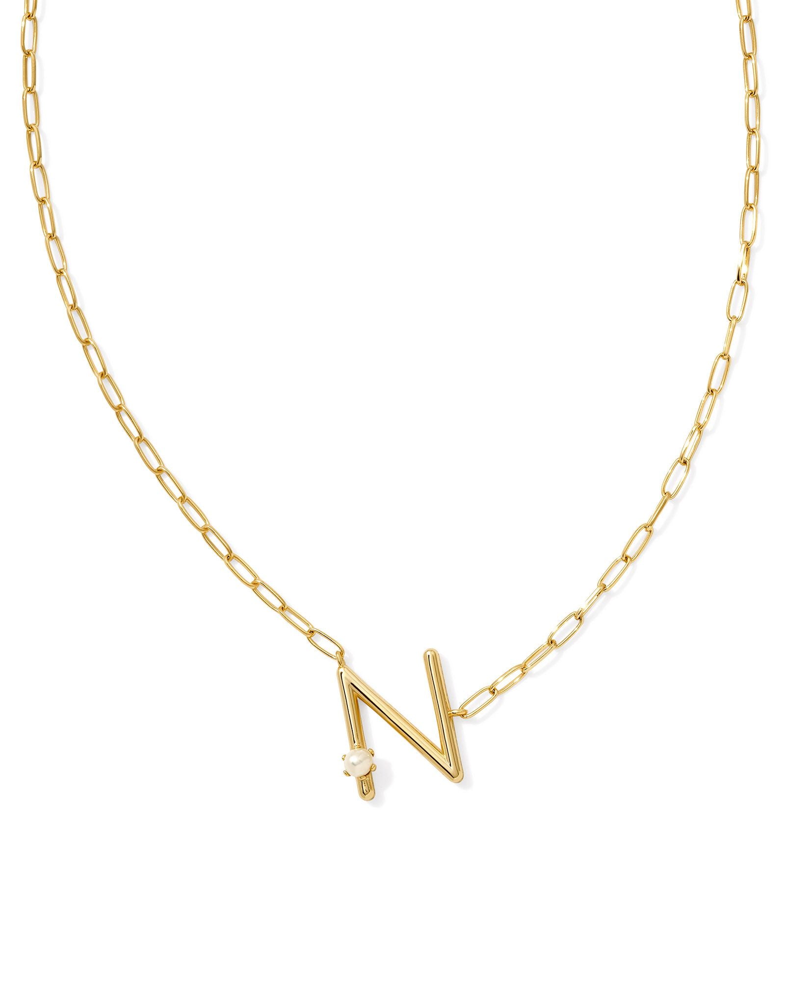 Pearl Letter N Pendant Necklace Gold White Pearl