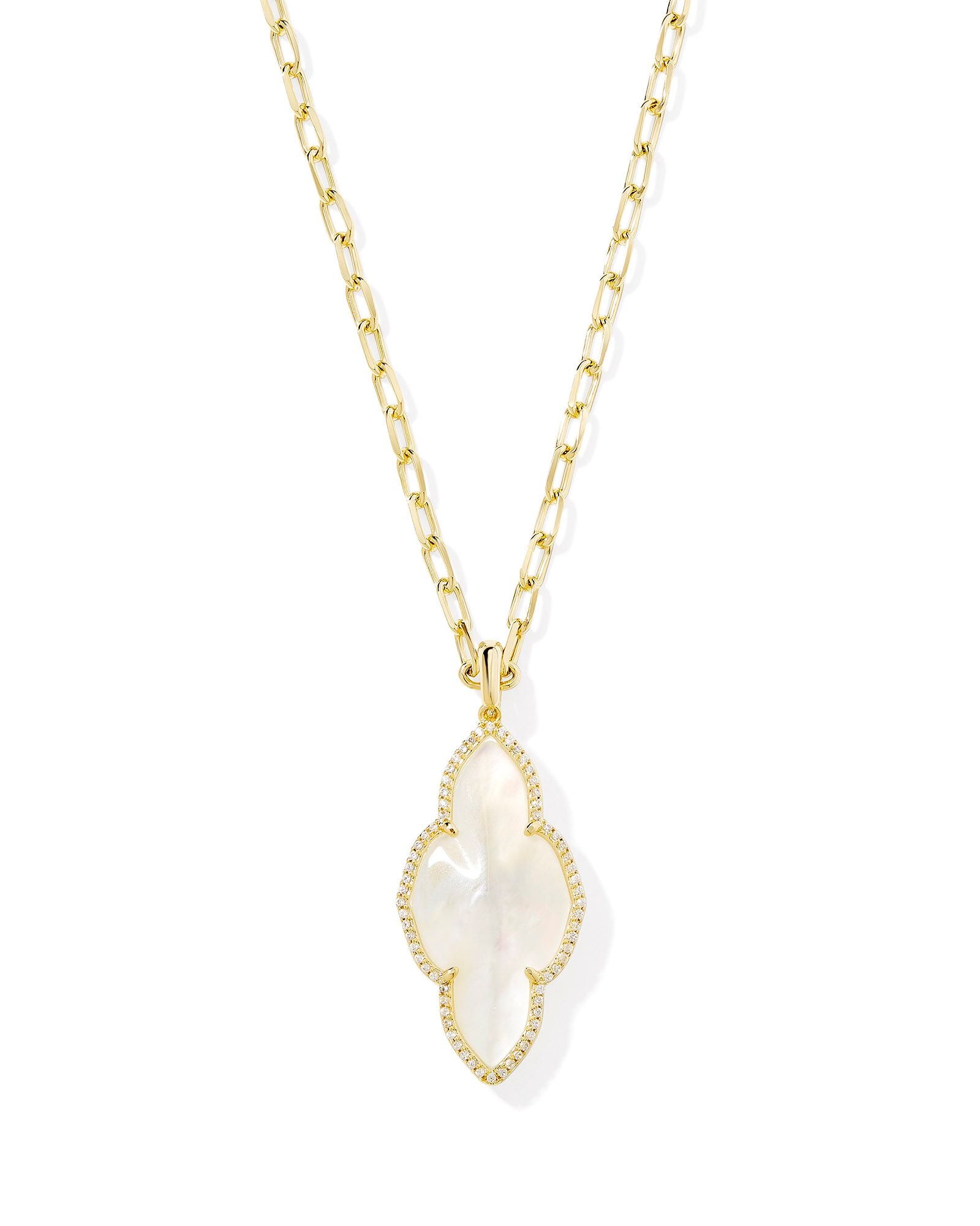 Abbie Gold Pave Frame Large Long Pendant Necklace Ivory MOP