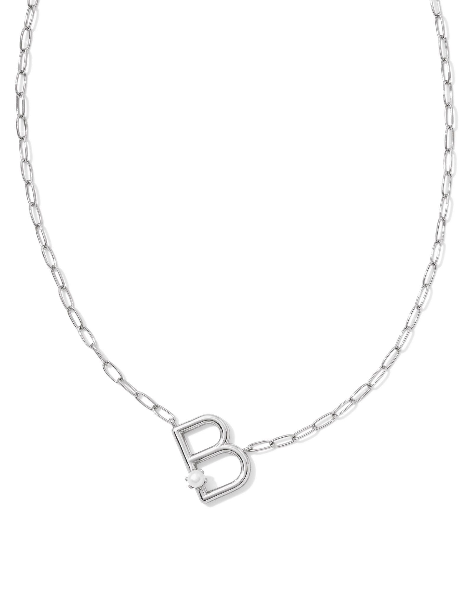 Pearl Letter B Pendant Necklace Silver White Pearl