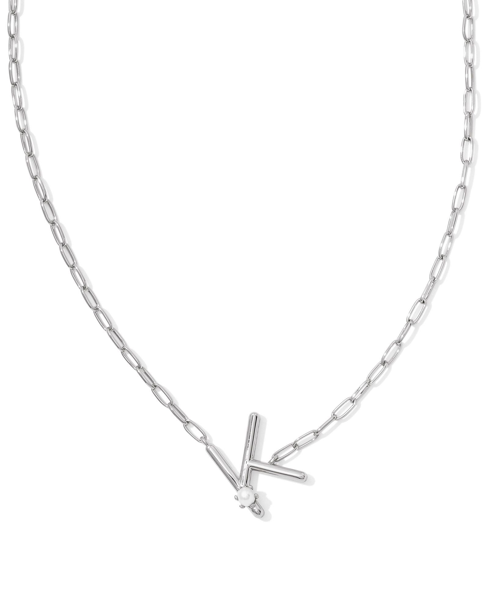 Pearl Letter K Pendant Necklace Silver White Pearl