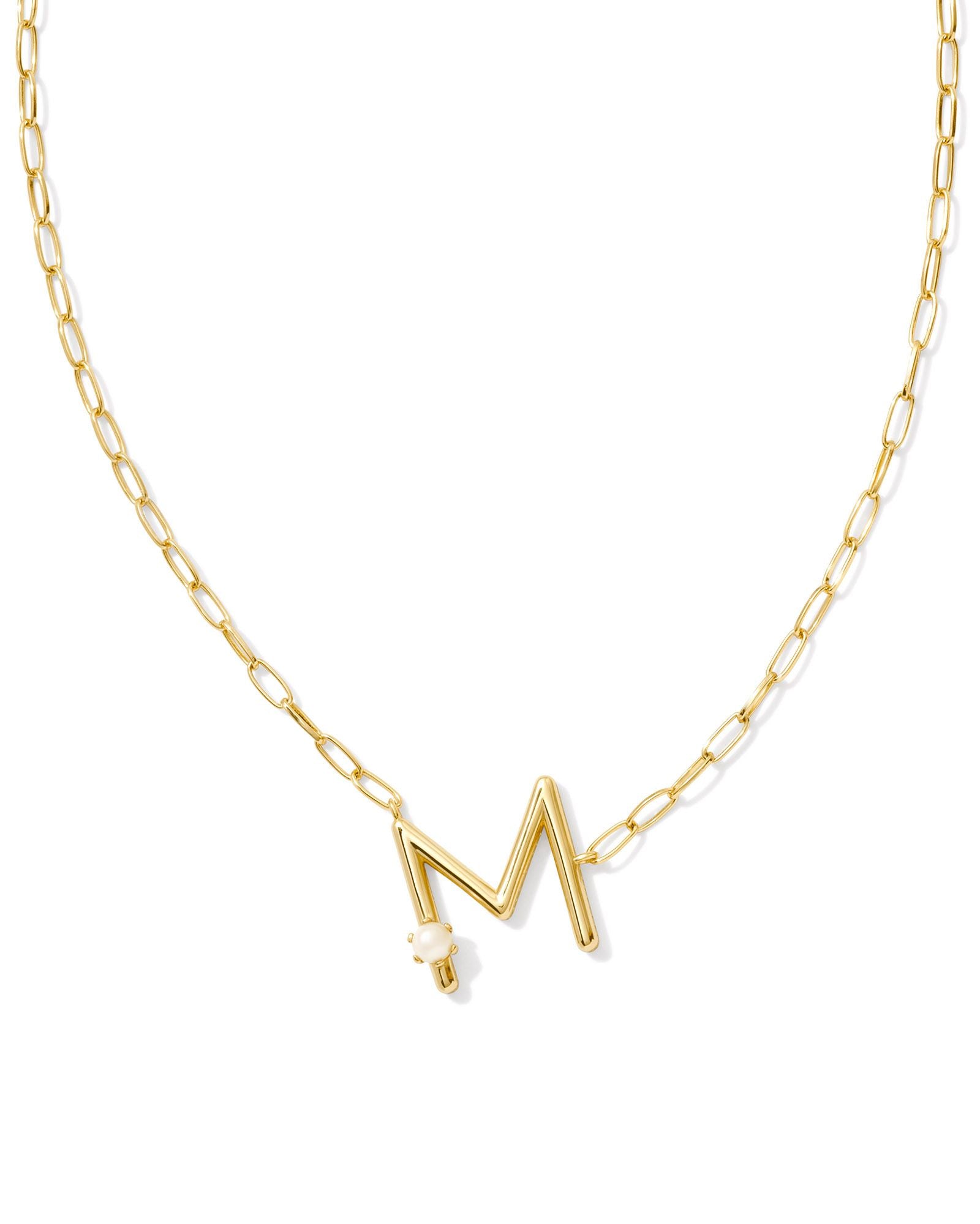 Pearl Letter M Pendant Necklace Gold White Pearl