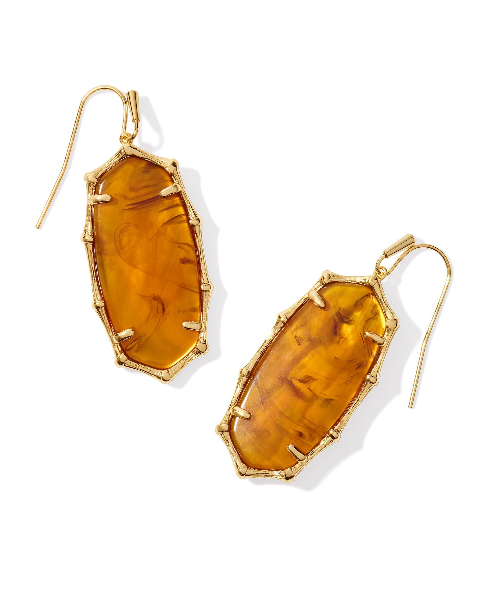 Elle Vintage Gold Bamboo Frame Drop Earrings Marbled Amber Illusion