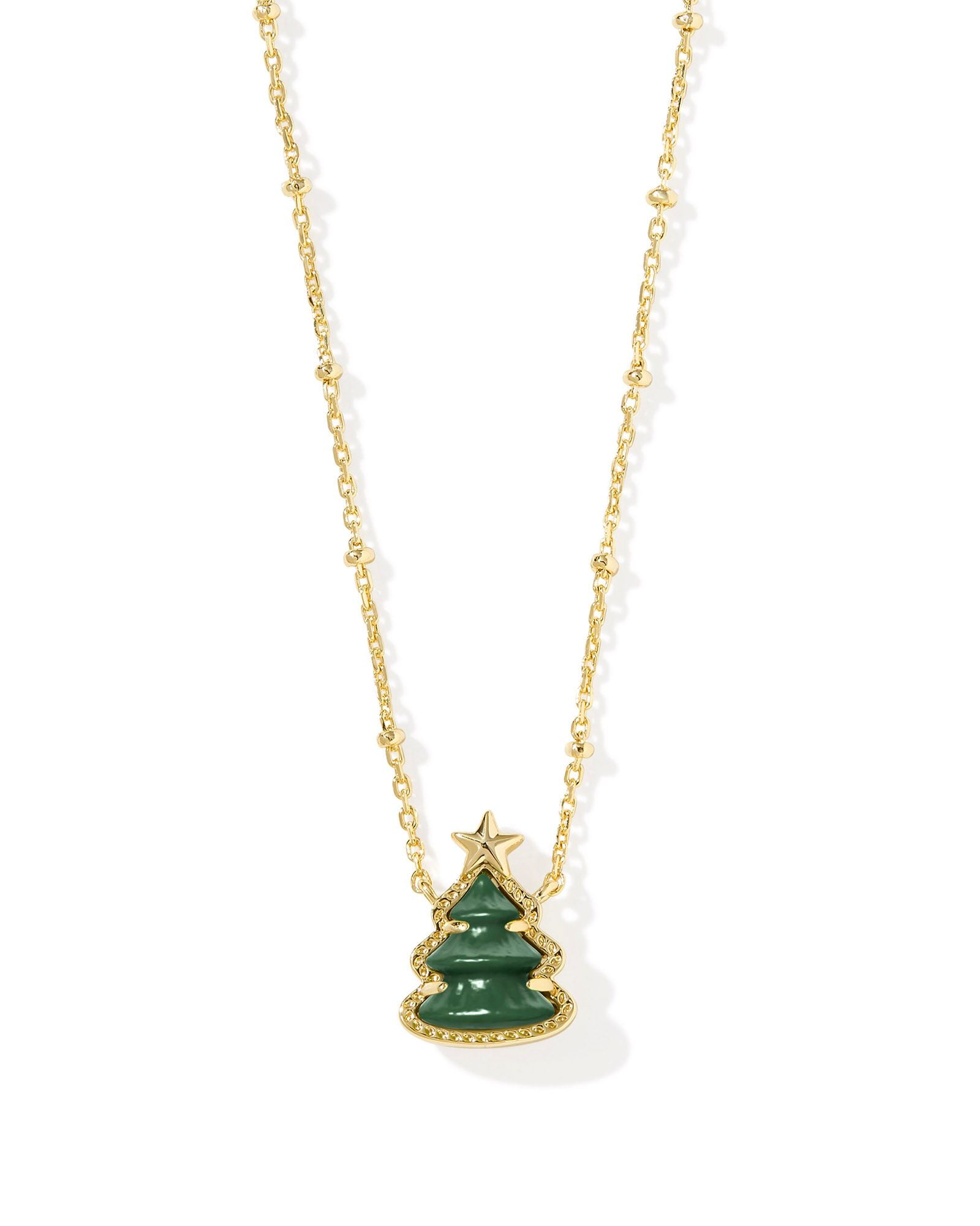 Holiday Tree Gold Short Pendant Necklace Green Quartzite