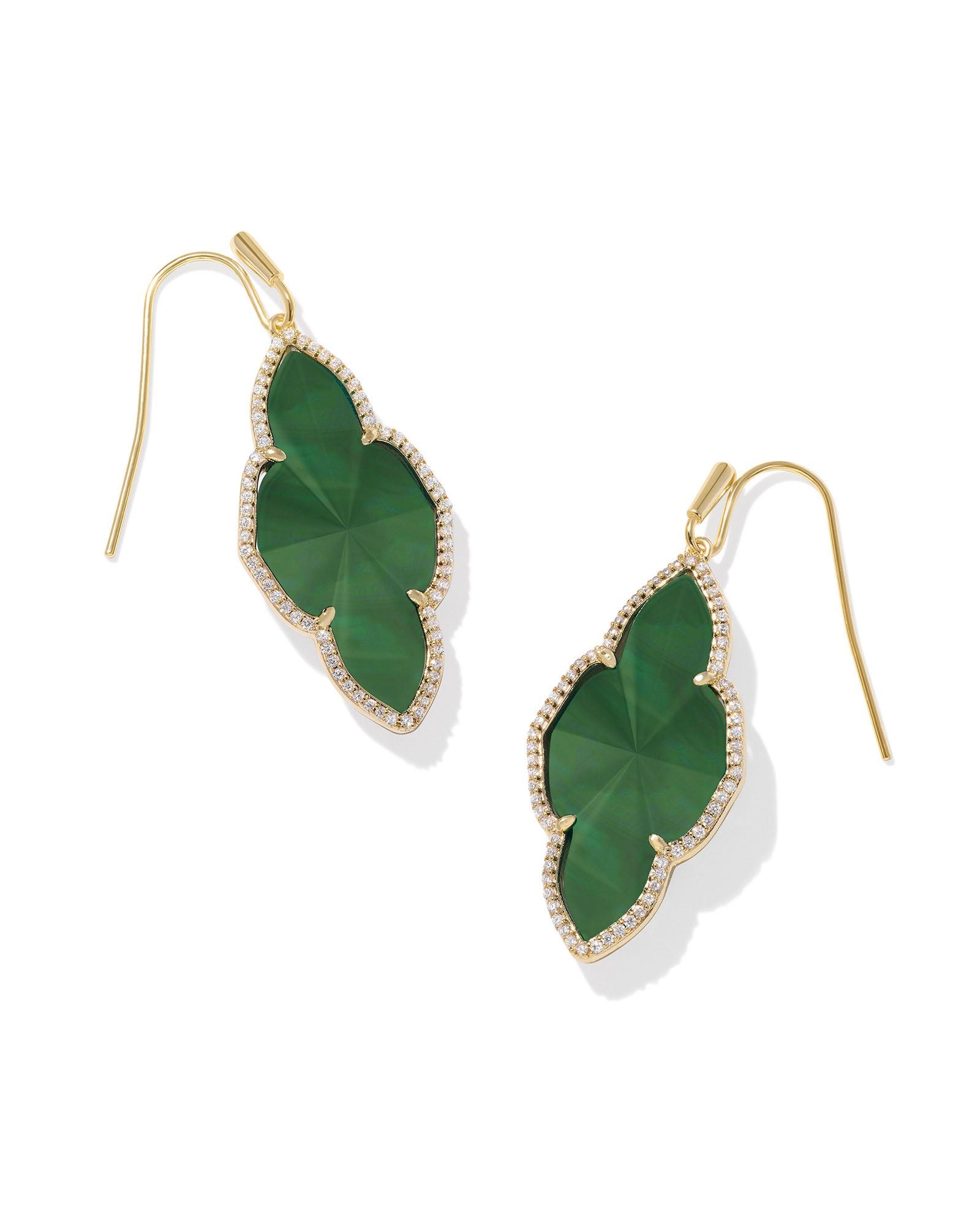 Abbie Gold Pave Frame Drop Earrings Green Illusion