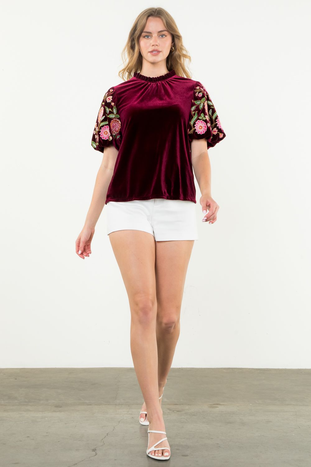 Embroidered Velvet Puff Sleeve Top Wine