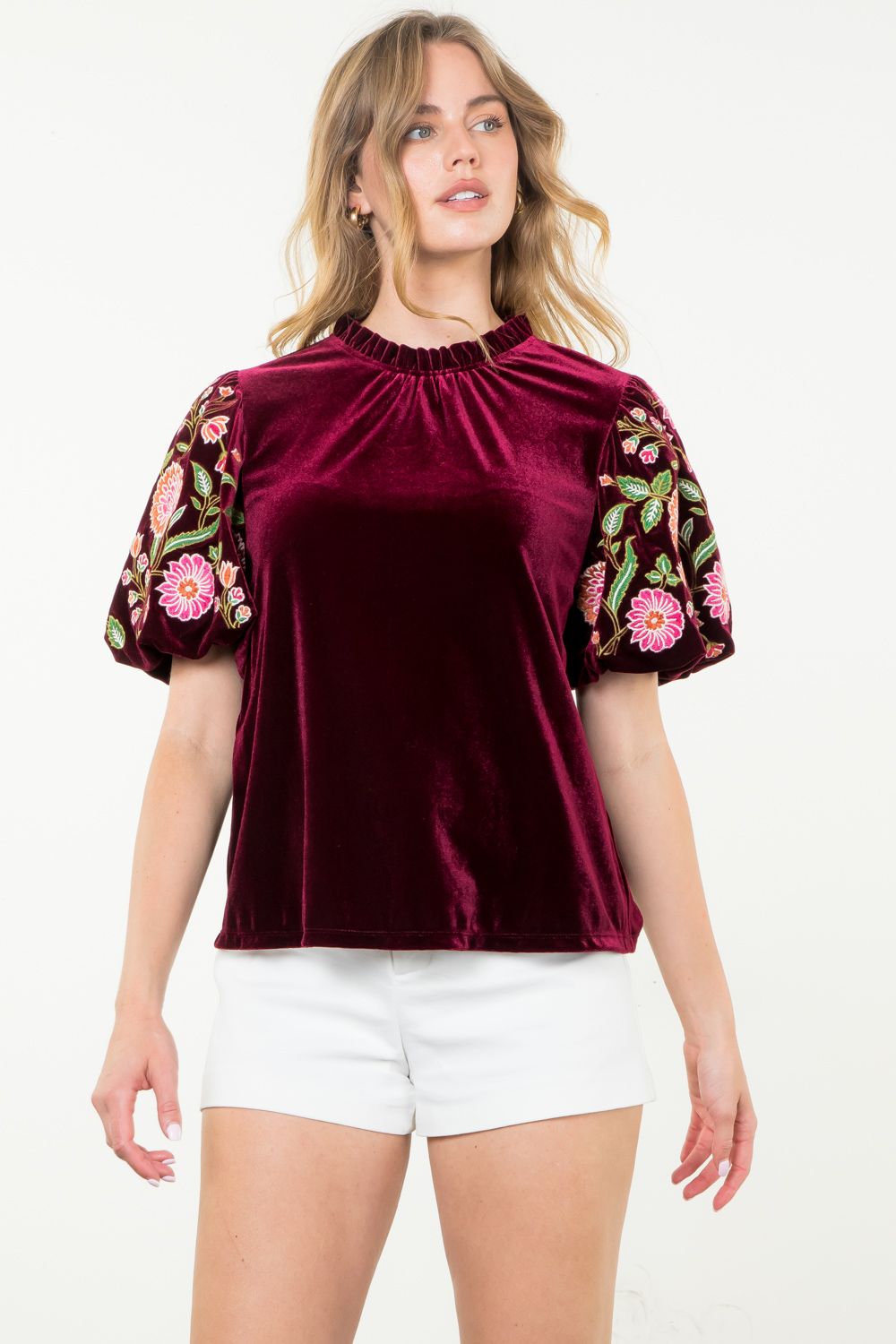 Embroidered Velvet Puff Sleeve Top Wine