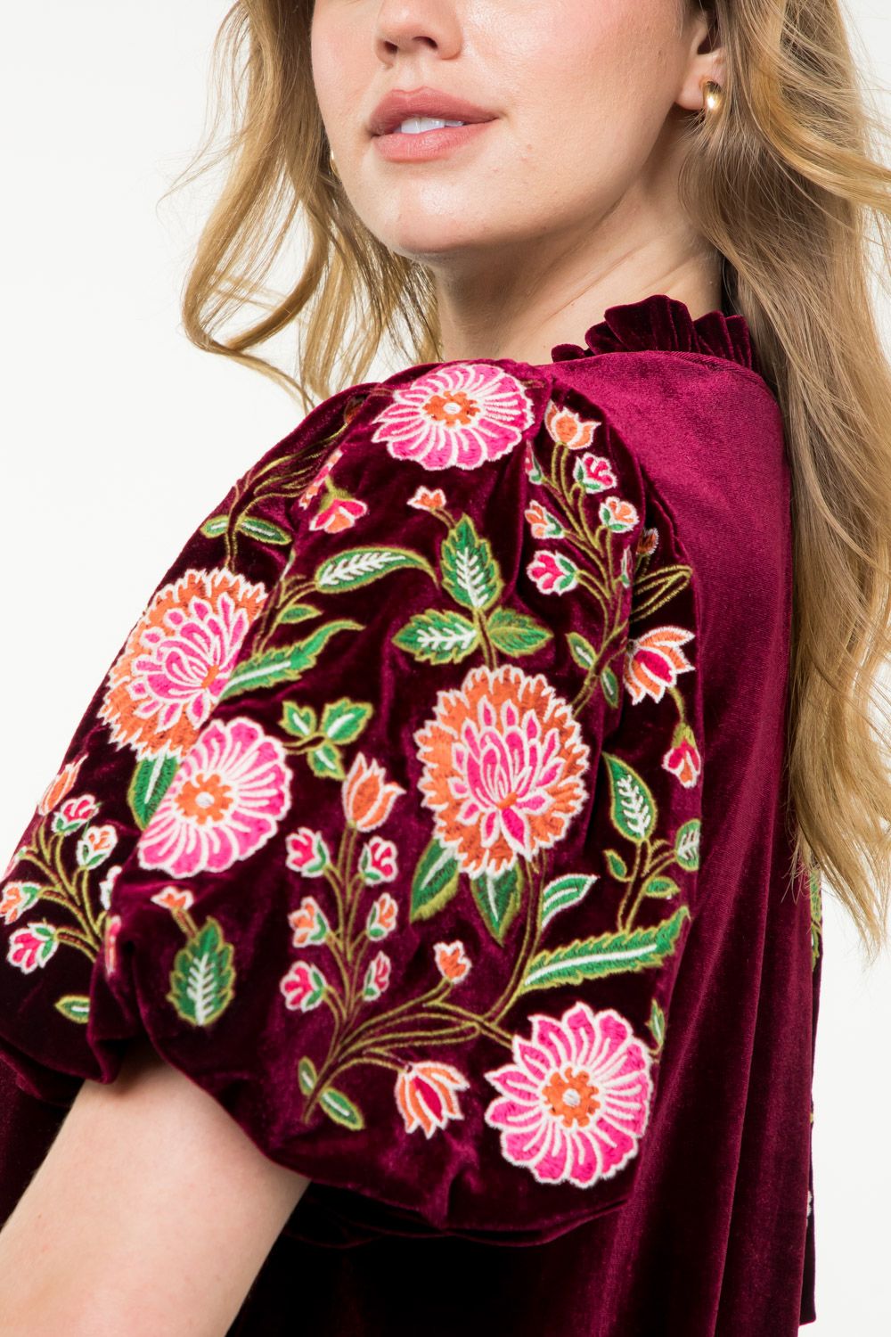 Embroidered Velvet Puff Sleeve Top Wine