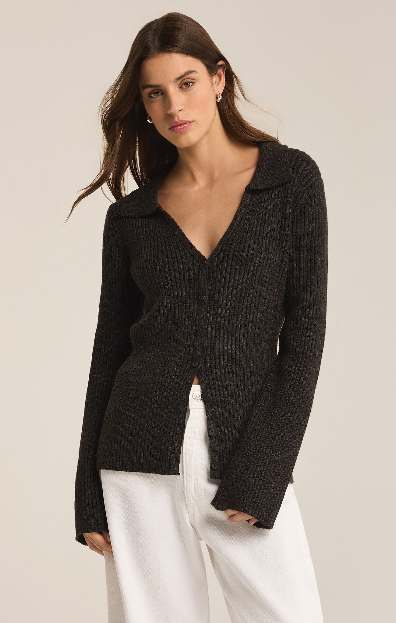 Rina Button Up Rib Sweater Charcoal Heather