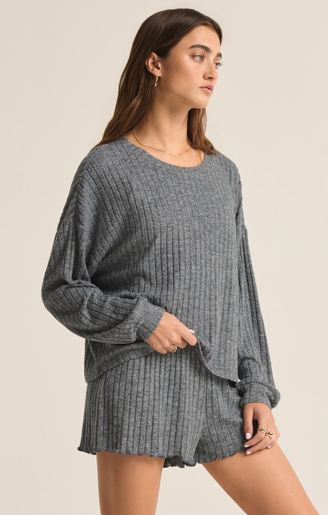 Daydream Rib Long Sleeve Top Charcoal Heather