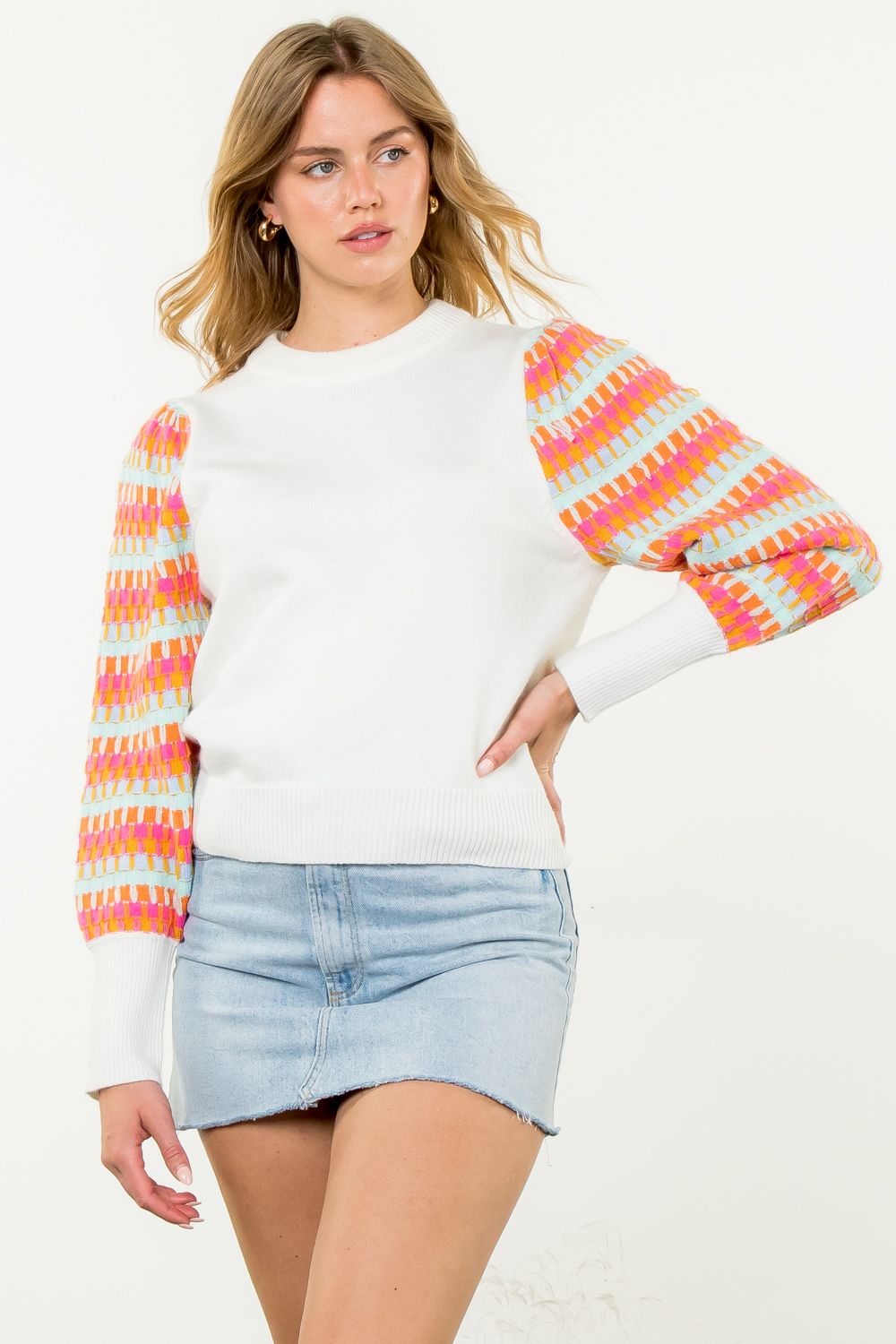 Stripped Knitted Bishop Sleeve Sweater White