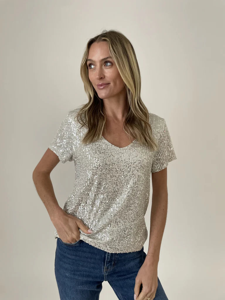 Anna Short Sleeve Silver Sequin Top