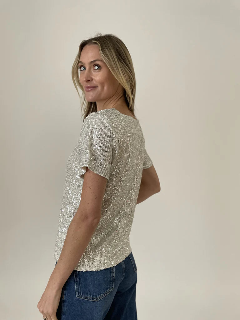 Anna Short Sleeve Silver Sequin Top