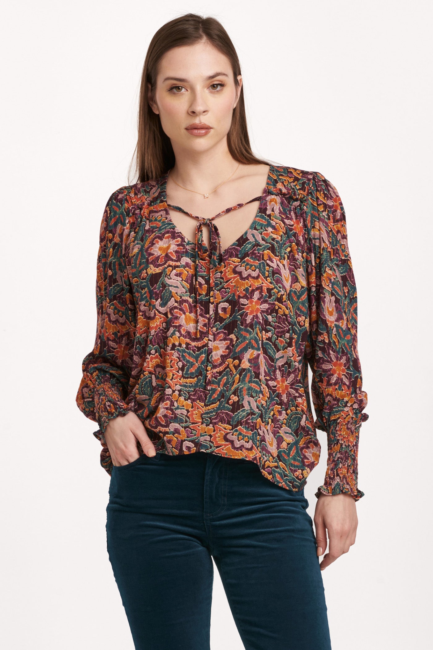 Amelia Ruched Long Sleeve Top Flower Wine