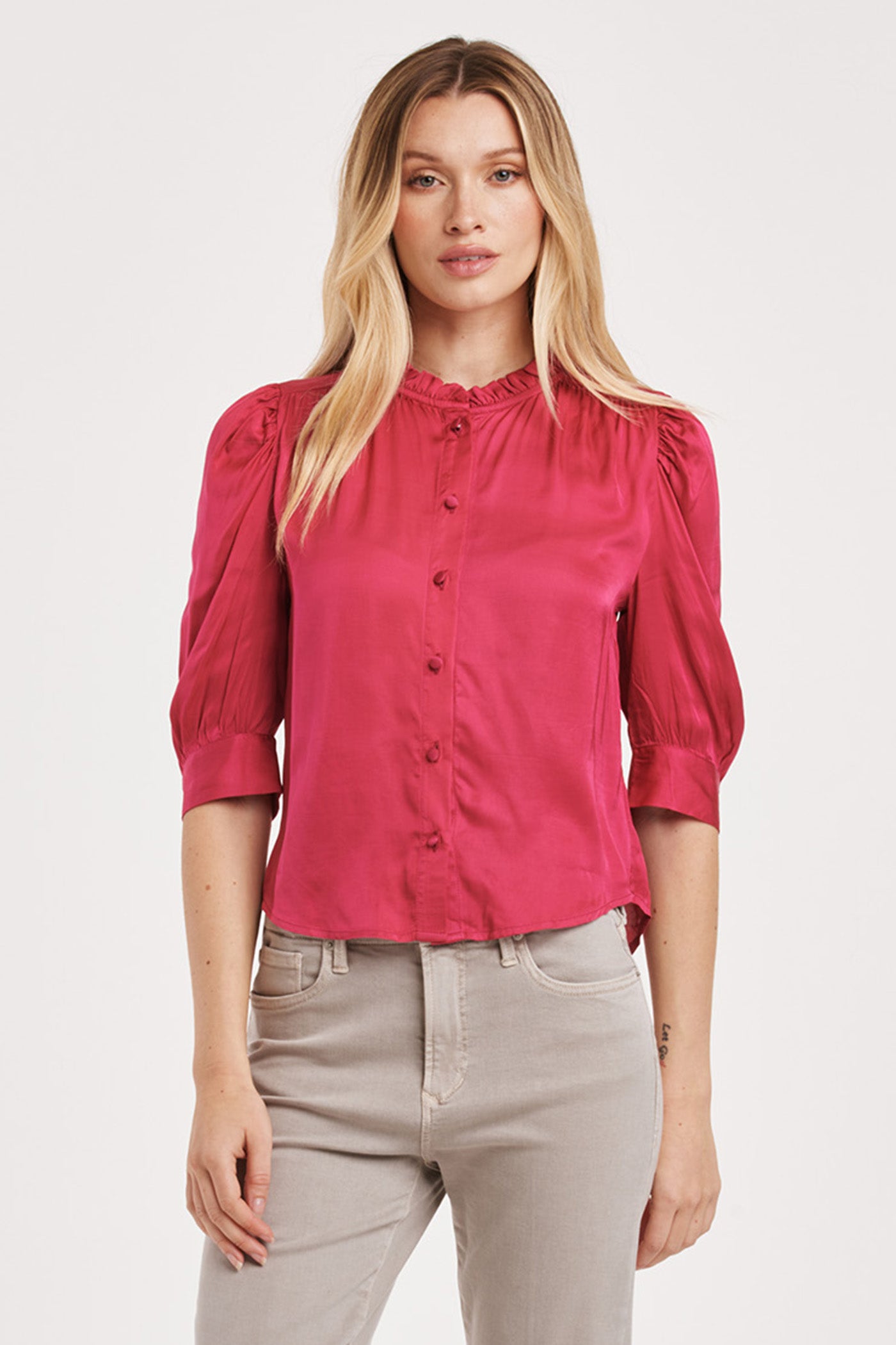 Nima Half Sleeve Ruffle Neck Button Blouse Granada