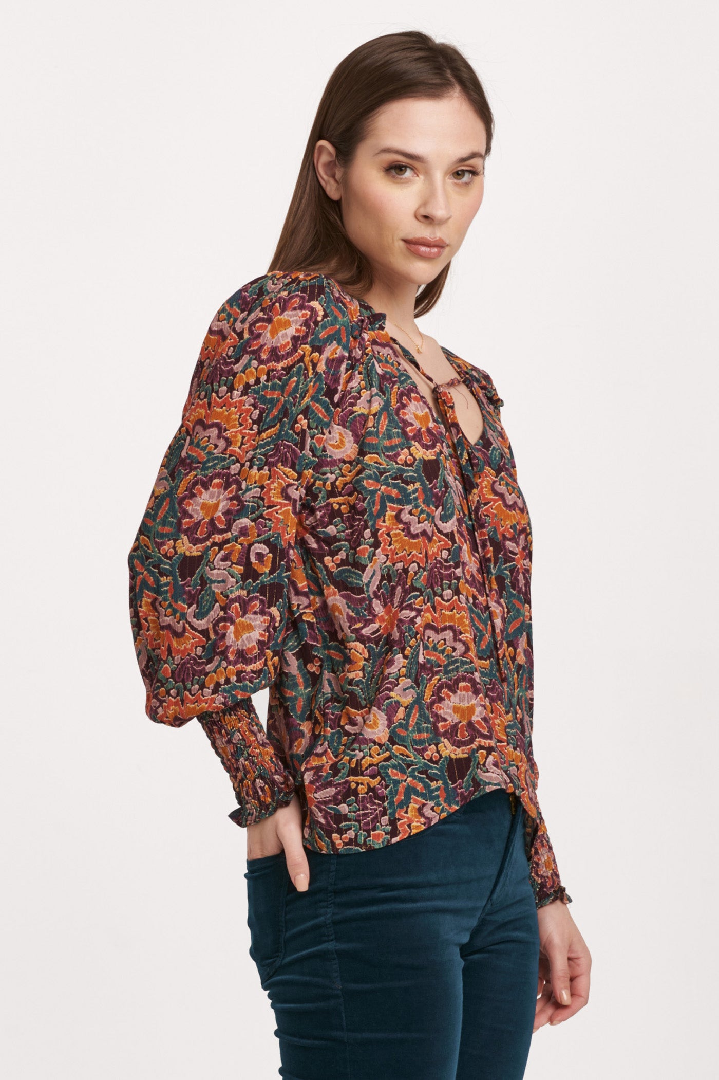 Amelia Ruched Long Sleeve Top Flower Wine