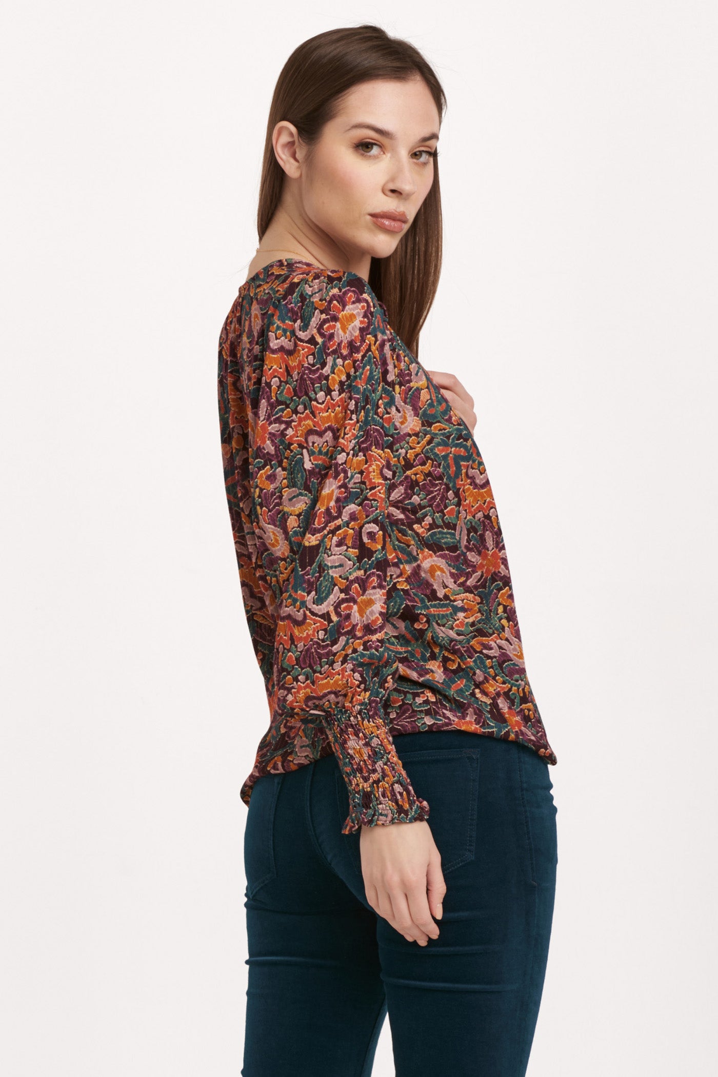 Amelia Ruched Long Sleeve Top Flower Wine