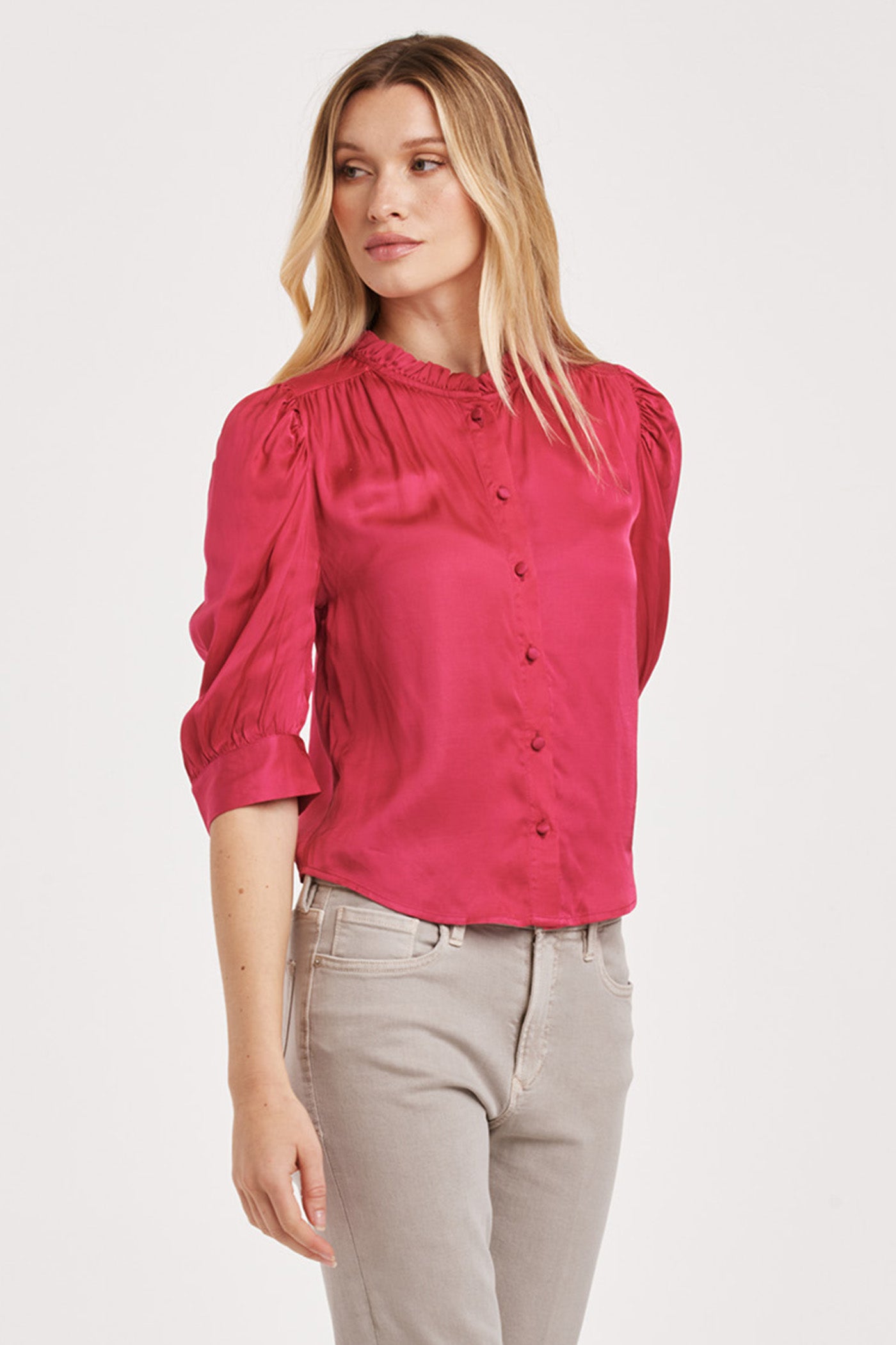 Nima Half Sleeve Ruffle Neck Button Blouse Granada