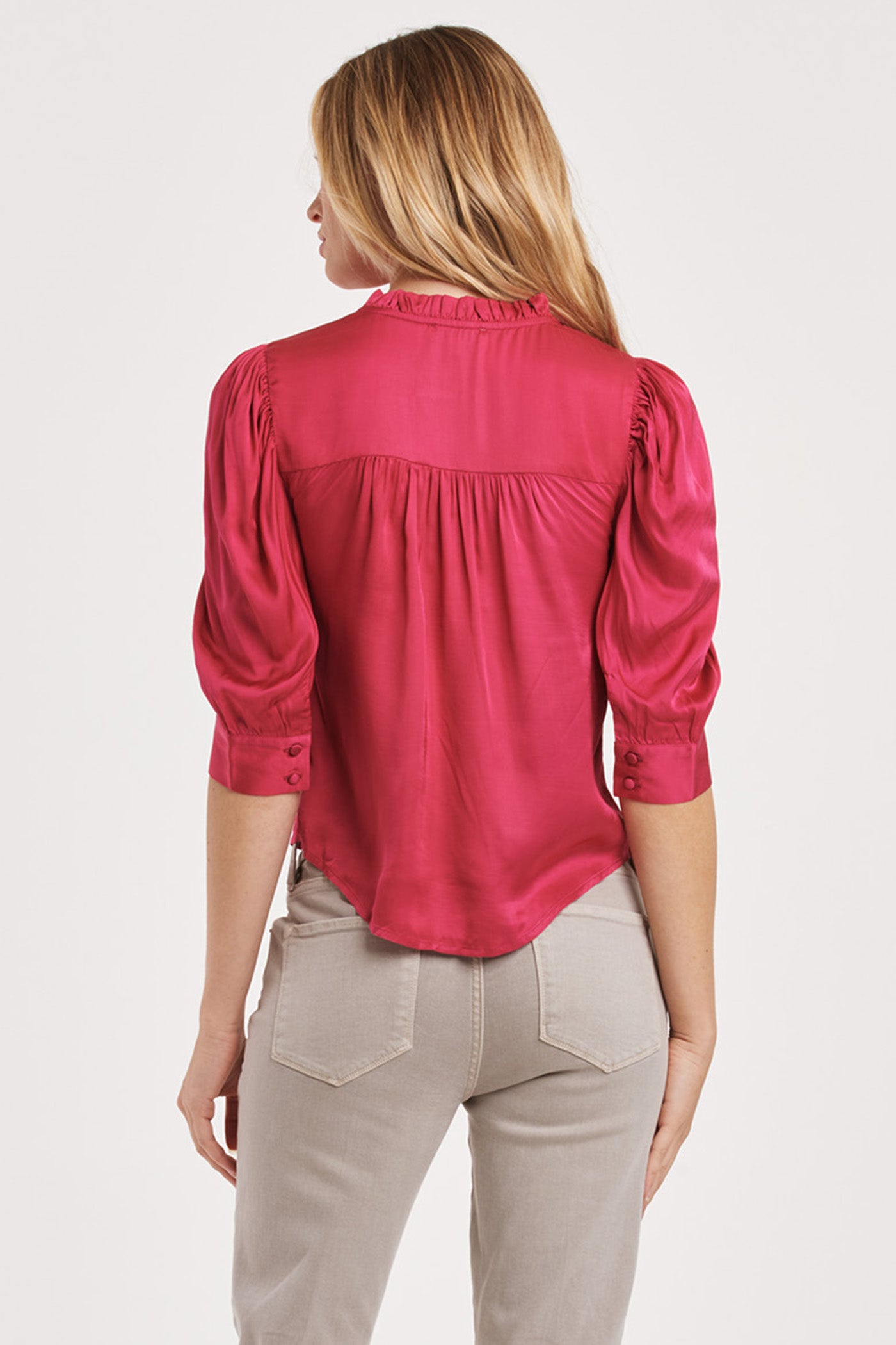 Nima Half Sleeve Ruffle Neck Button Blouse Granada