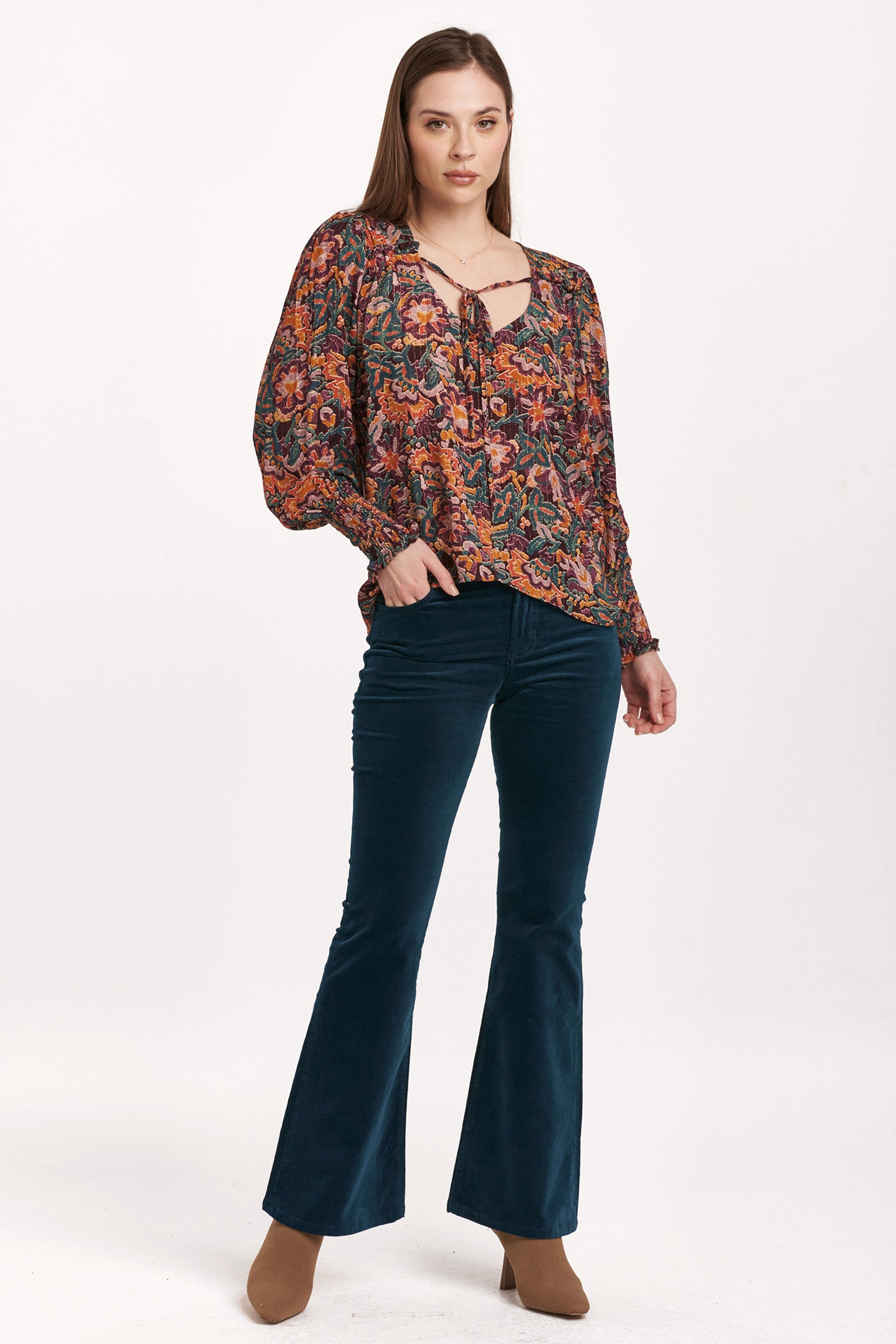 Amelia Ruched Long Sleeve Top Flower Wine