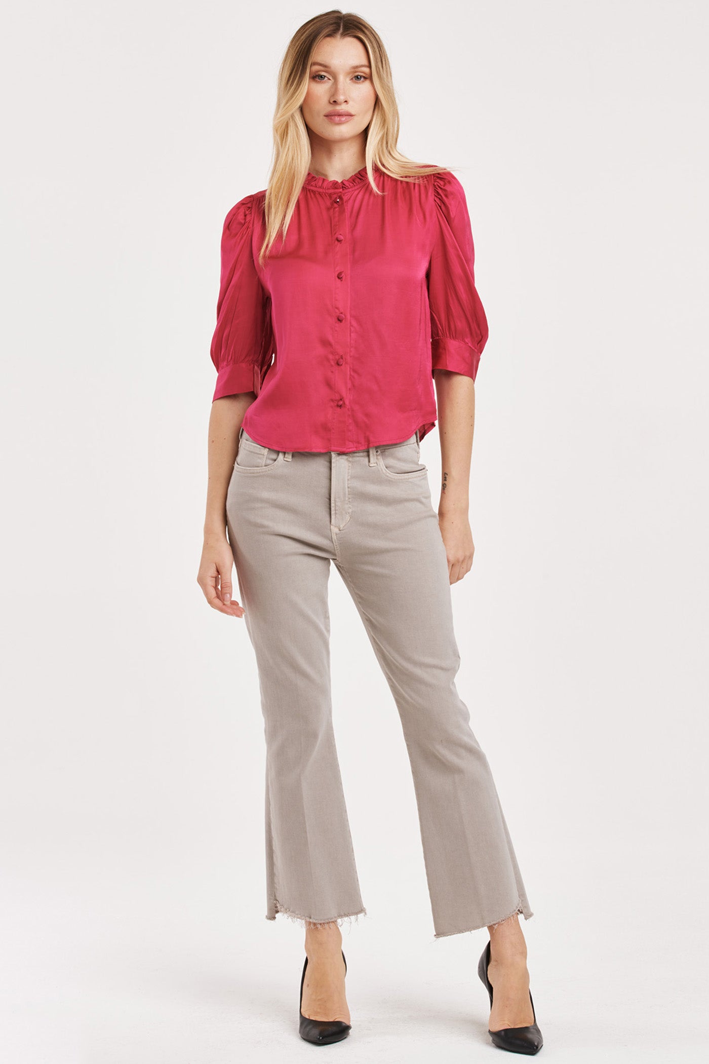 Nima Half Sleeve Ruffle Neck Button Blouse Granada