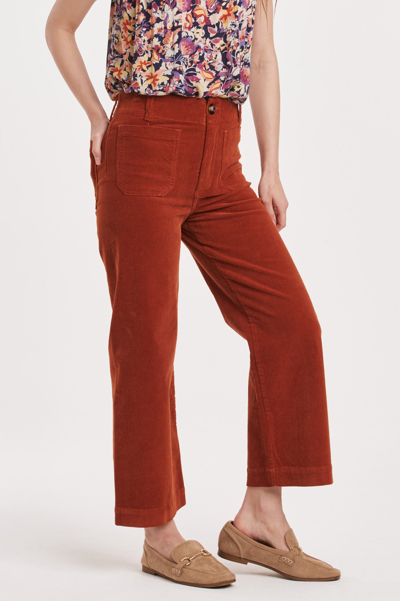 Analei High Rise Corduroy Patch Pocket Cropped Pant Roasted Pecan